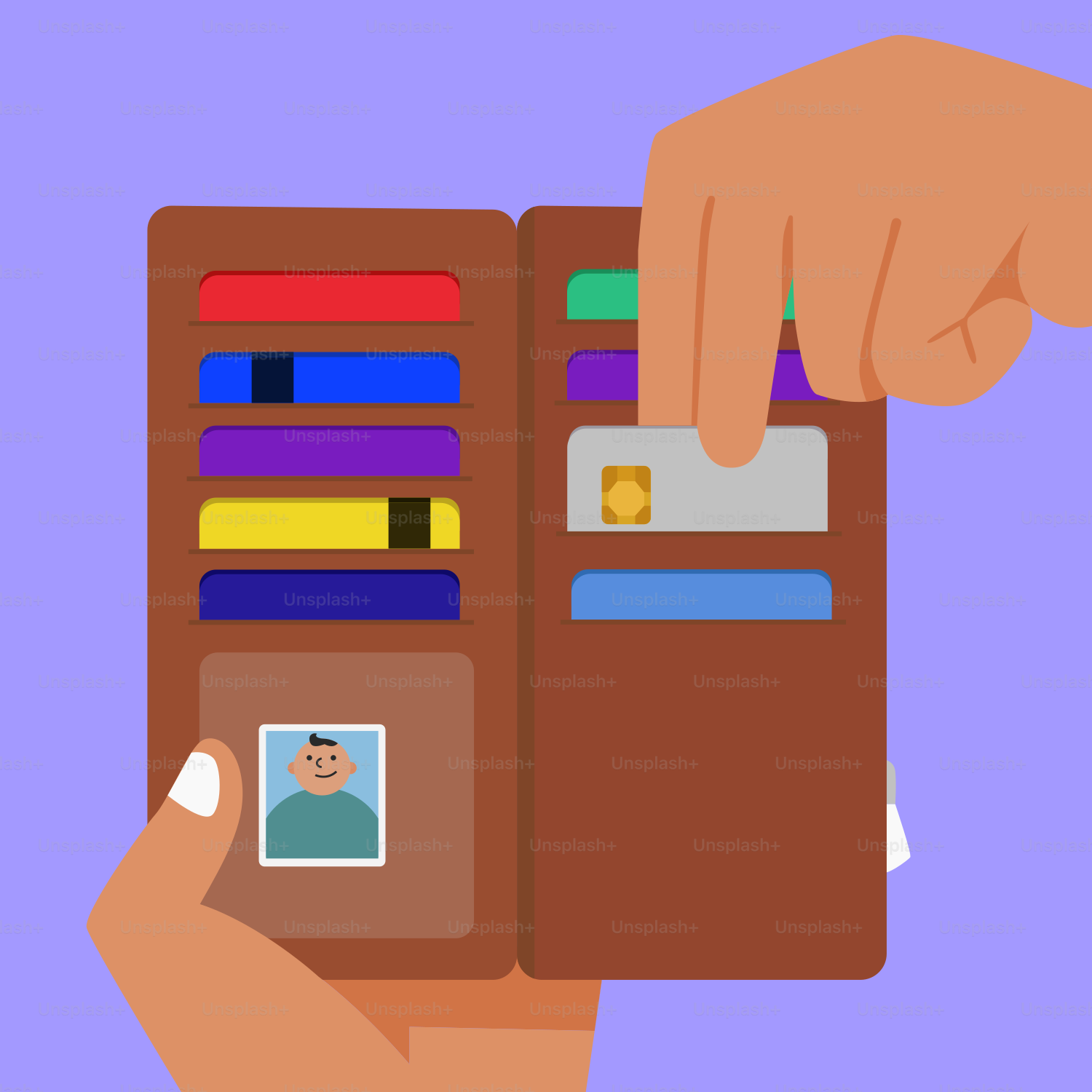 Insertion manuelle de carte de crédit dans un portefeuille en cuir marron