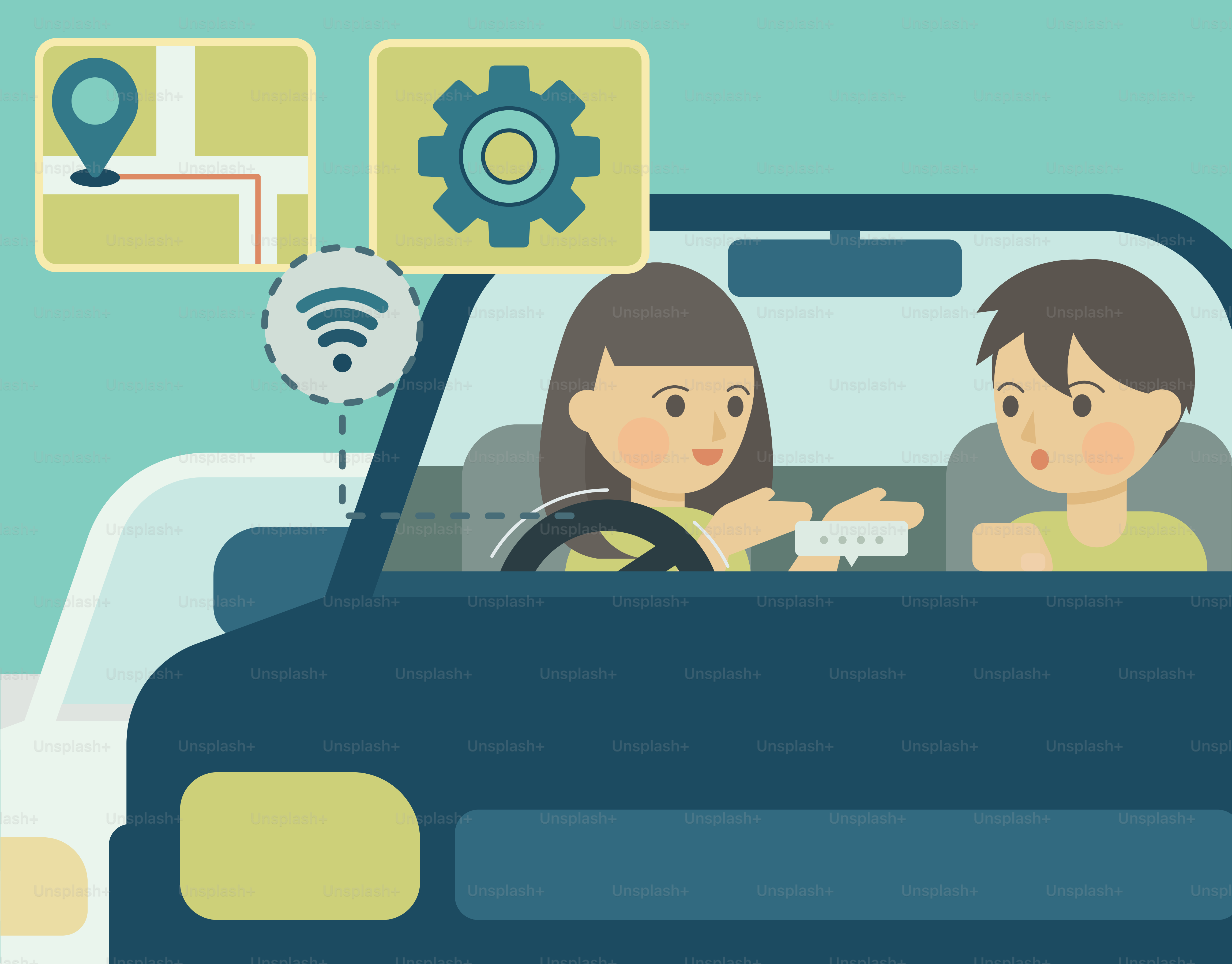 Persone in auto con icone di navigazione e impostazioni.