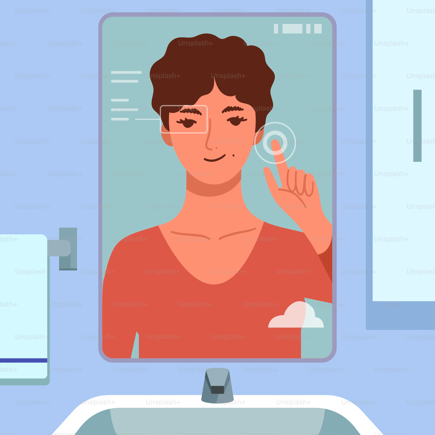 La persona interactúa con el espejo inteligente en el baño.