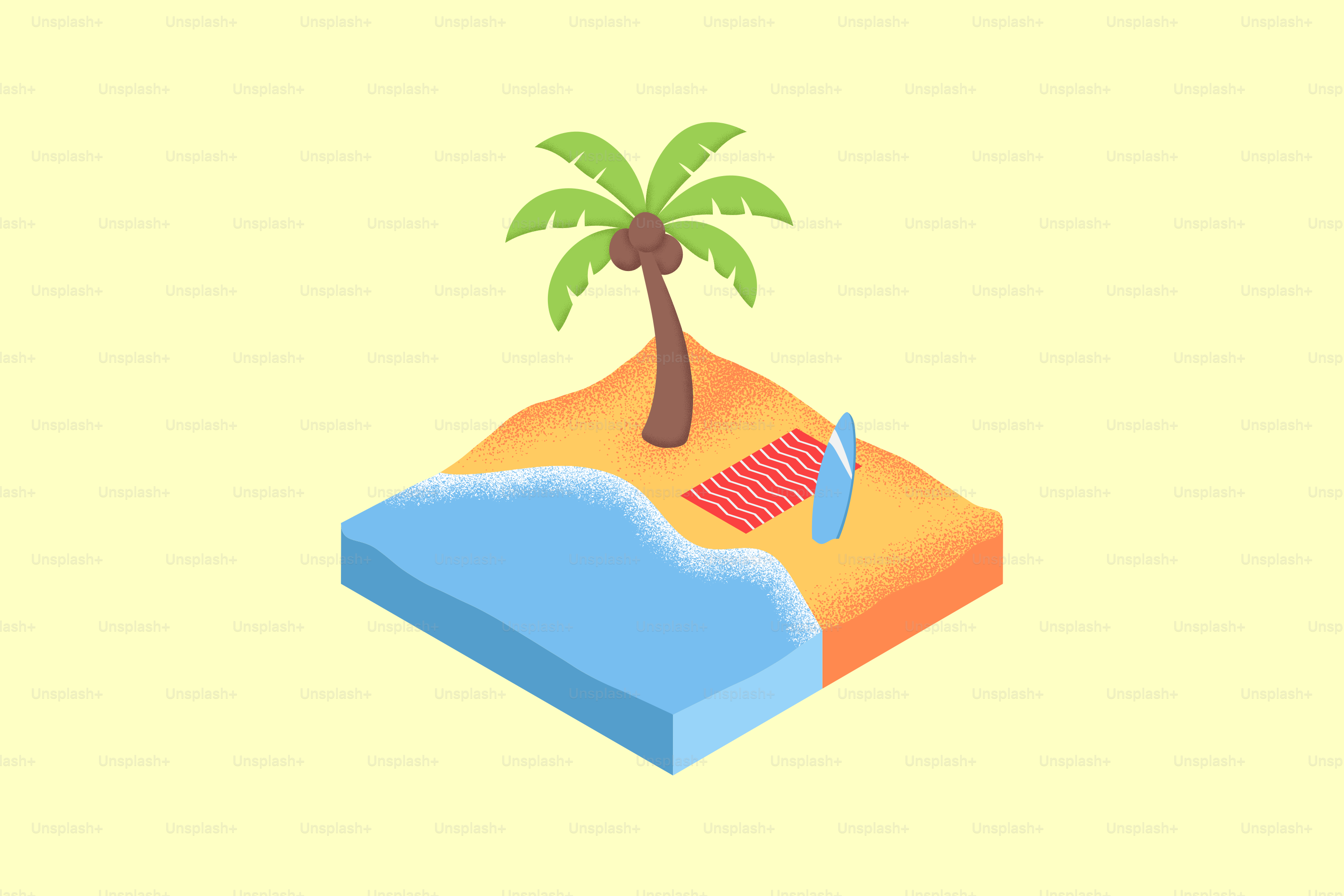 Tropical beach with palm tree and surfboard