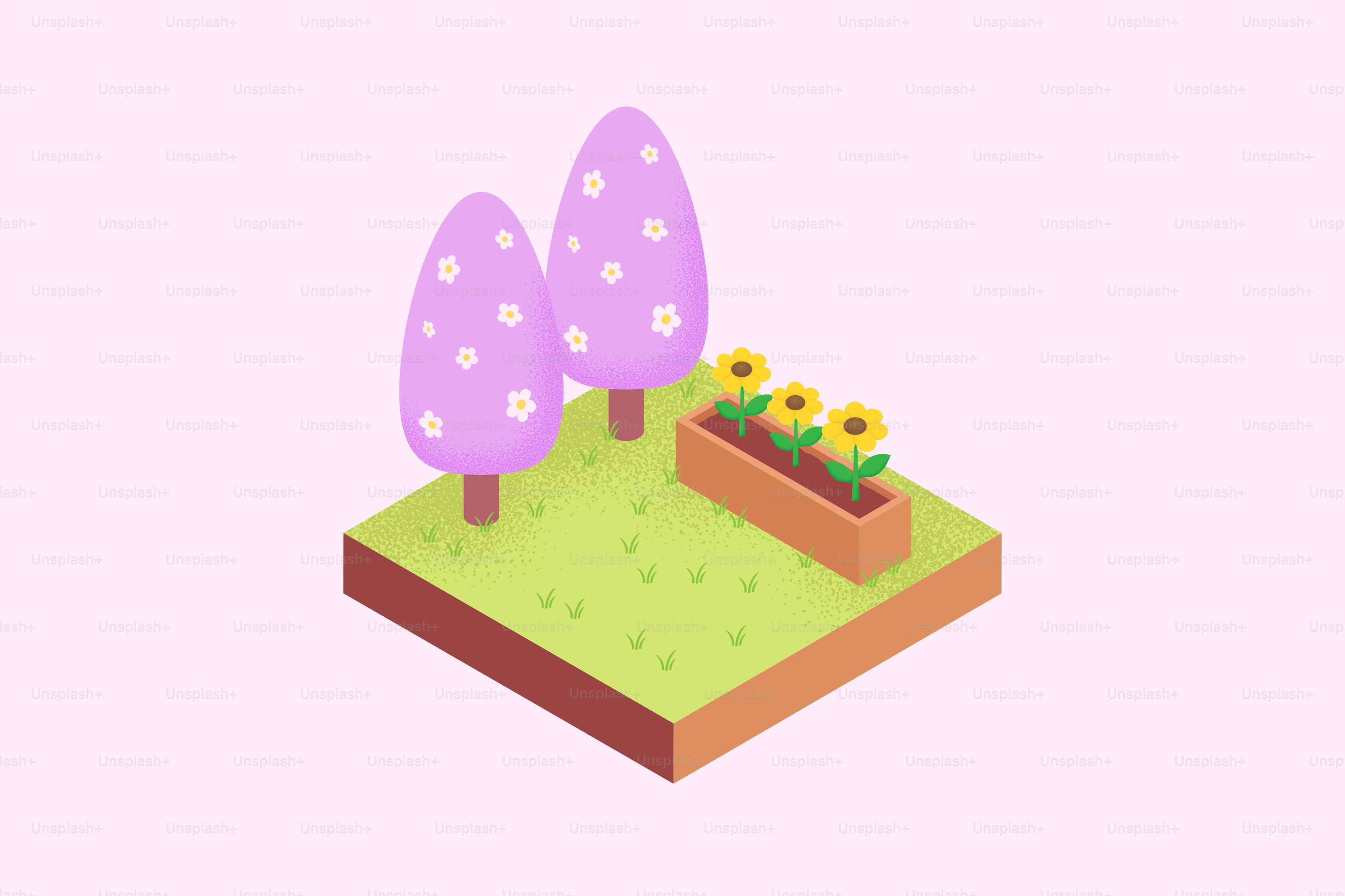 Isometric garden with trees and sunflowers in planter.