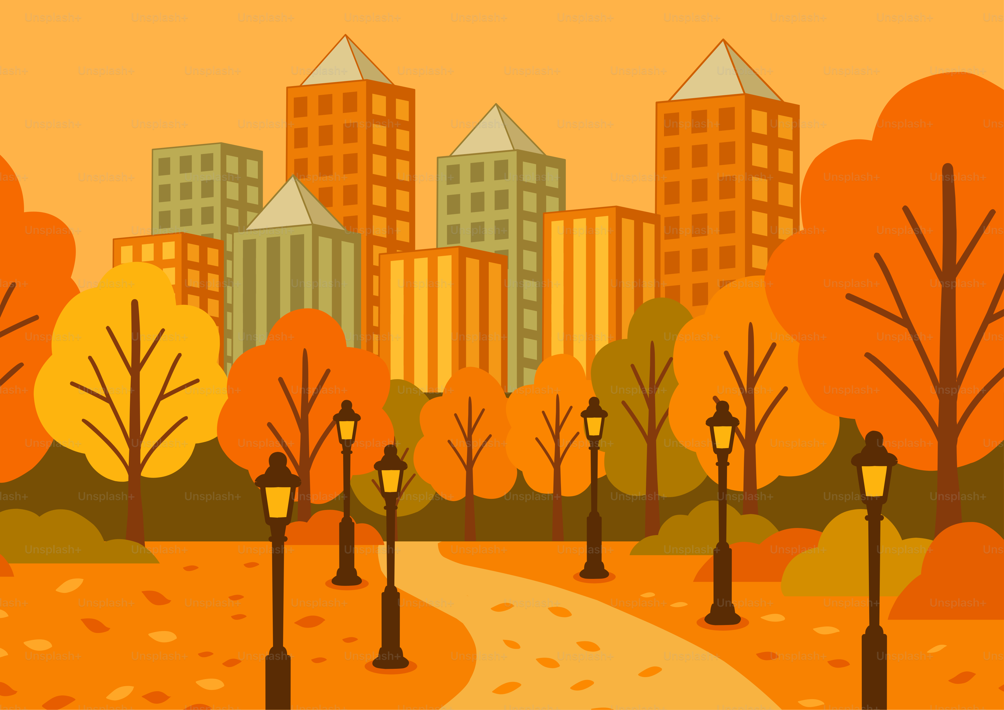 Autumn park with city skyline and lampposts