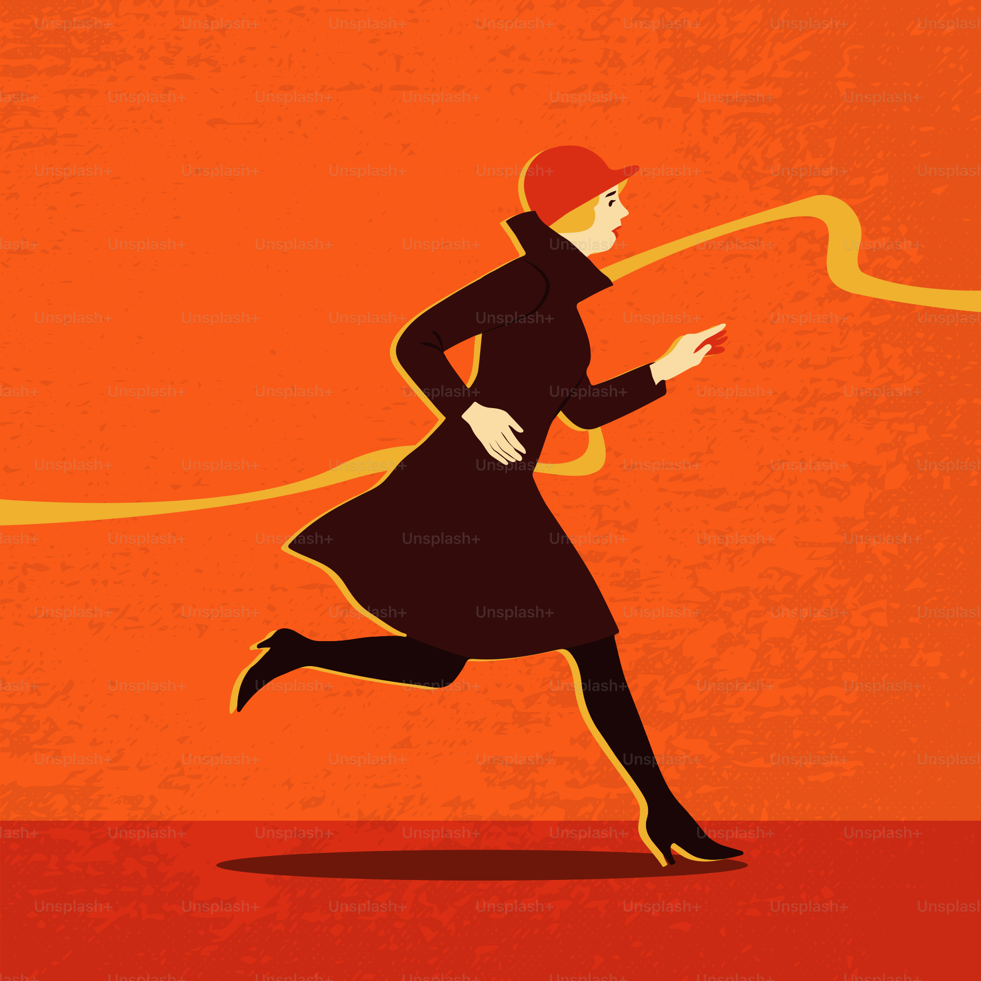 Woman in dark coat running on orange background