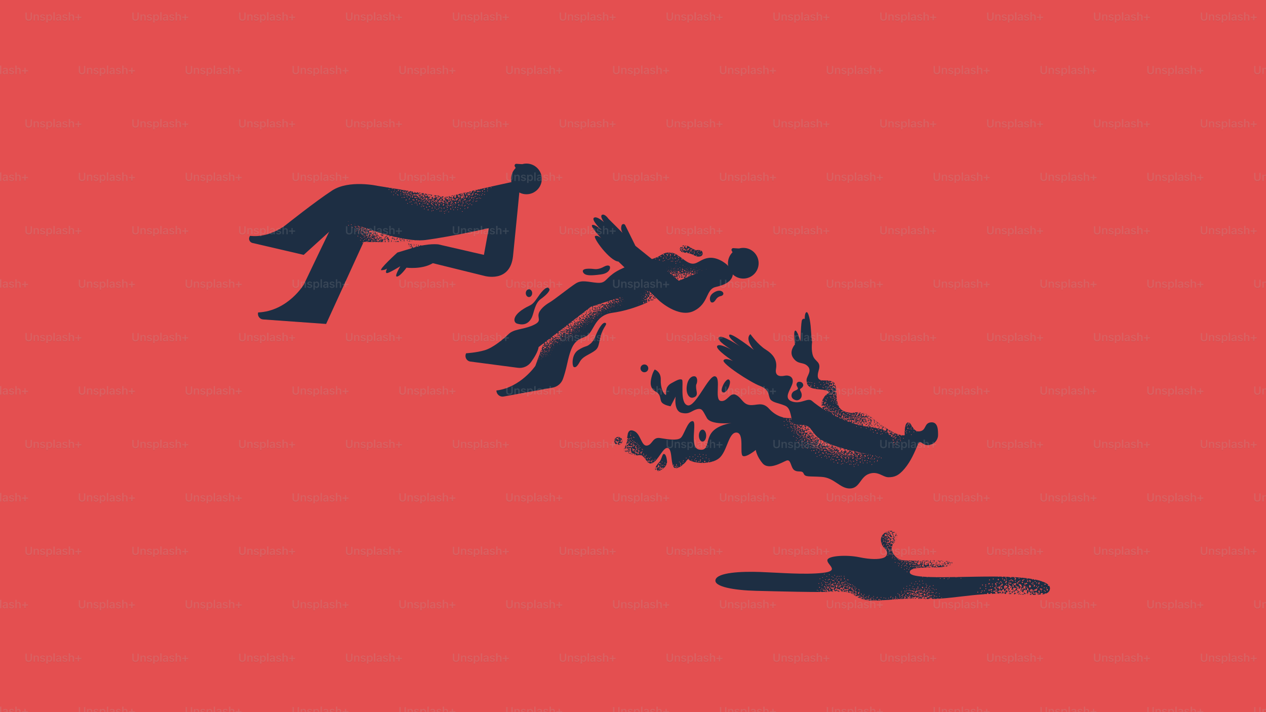 Figuren, die auf rotem Hintergrund fallen und sich verwandeln