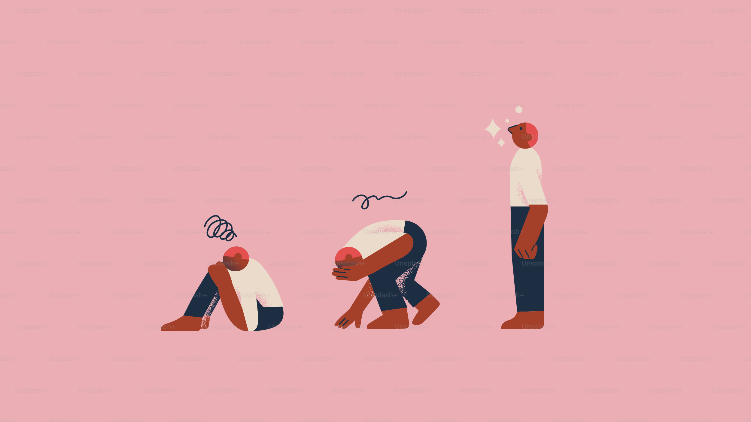 Three figures showing stages of distress on pink background.