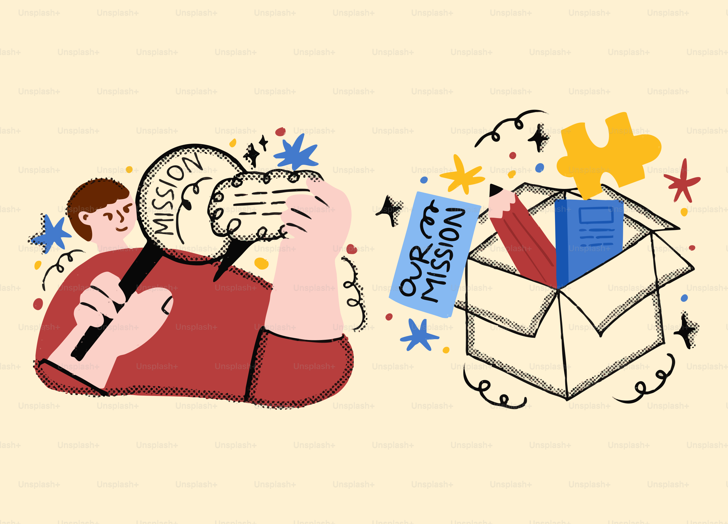 La persona examina la declaración de misión con una lupa cerca de la caja abierta.