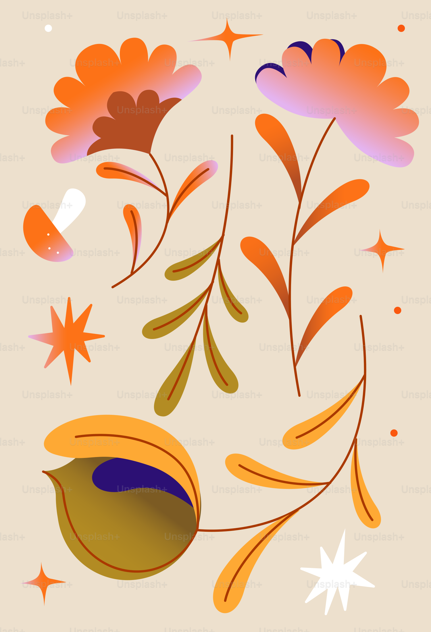 Stylized flowers, leaves, and stars on a cream background