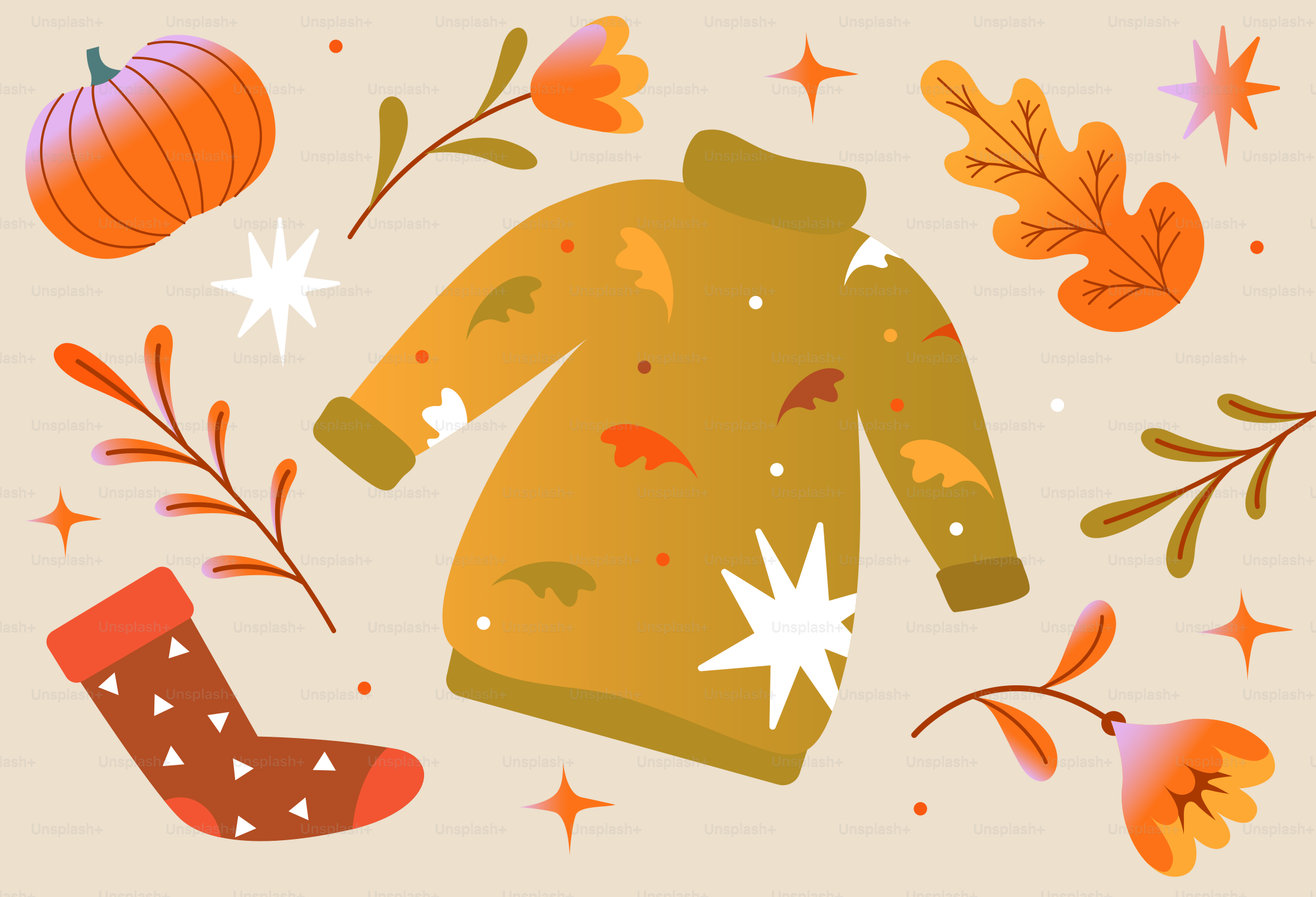 Autumn sweater, pumpkin, leaves, and sock
