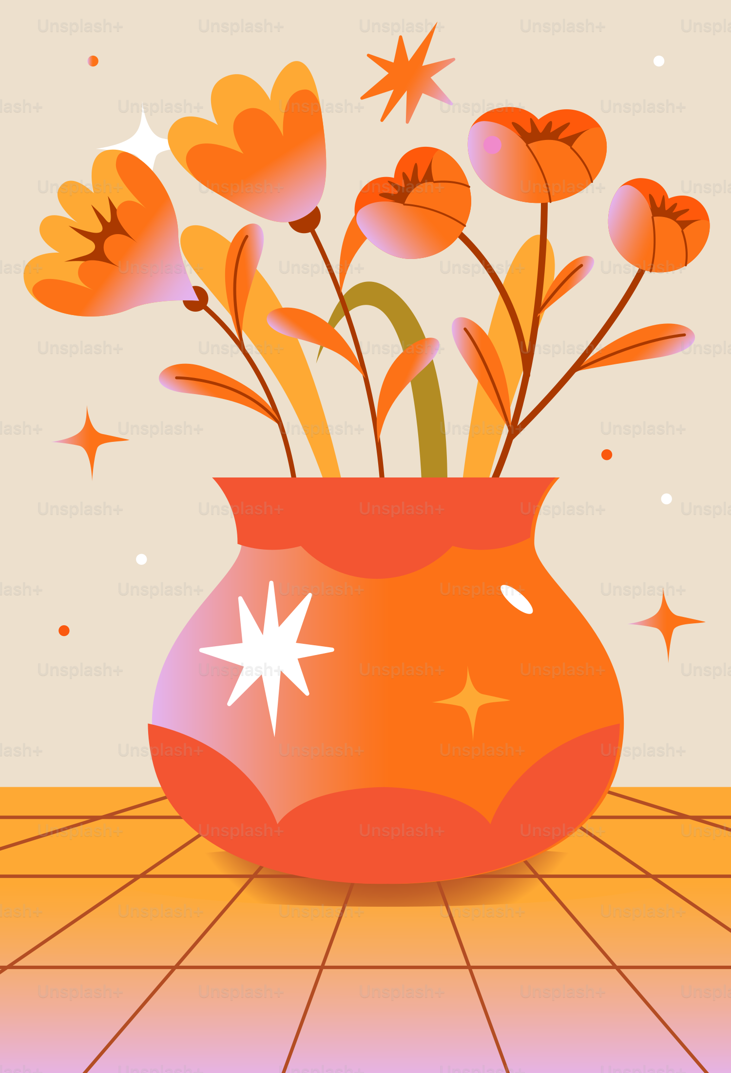 Orange flowers in a vase on a checkered surface