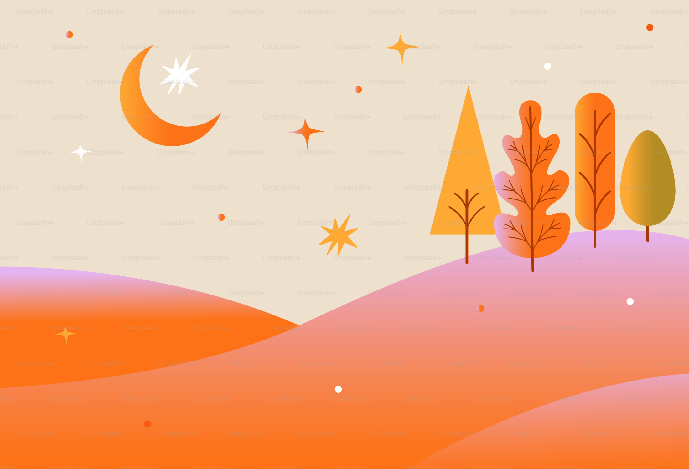 Autumn landscape with crescent moon and trees