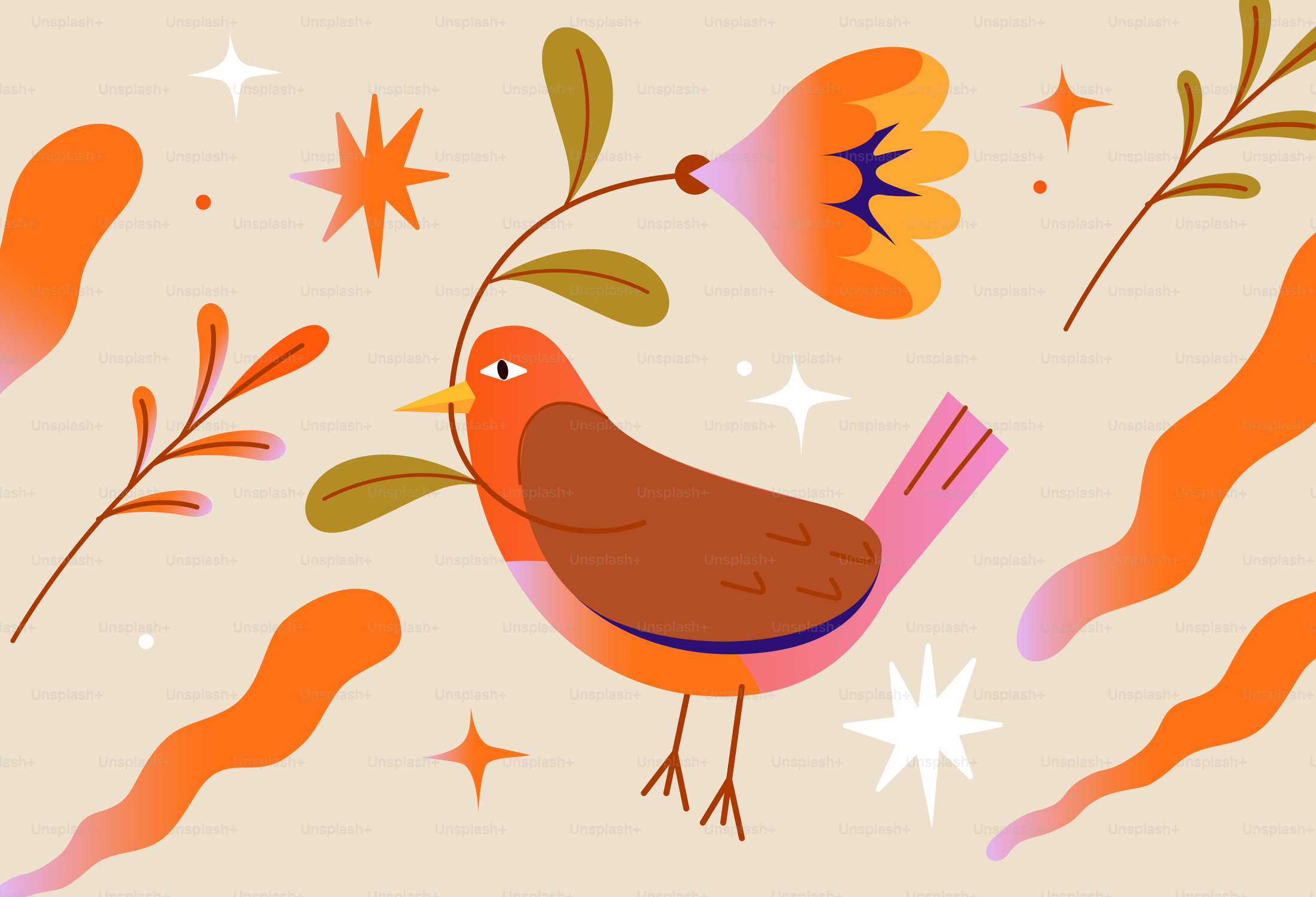 A stylized bird holding a flower branch