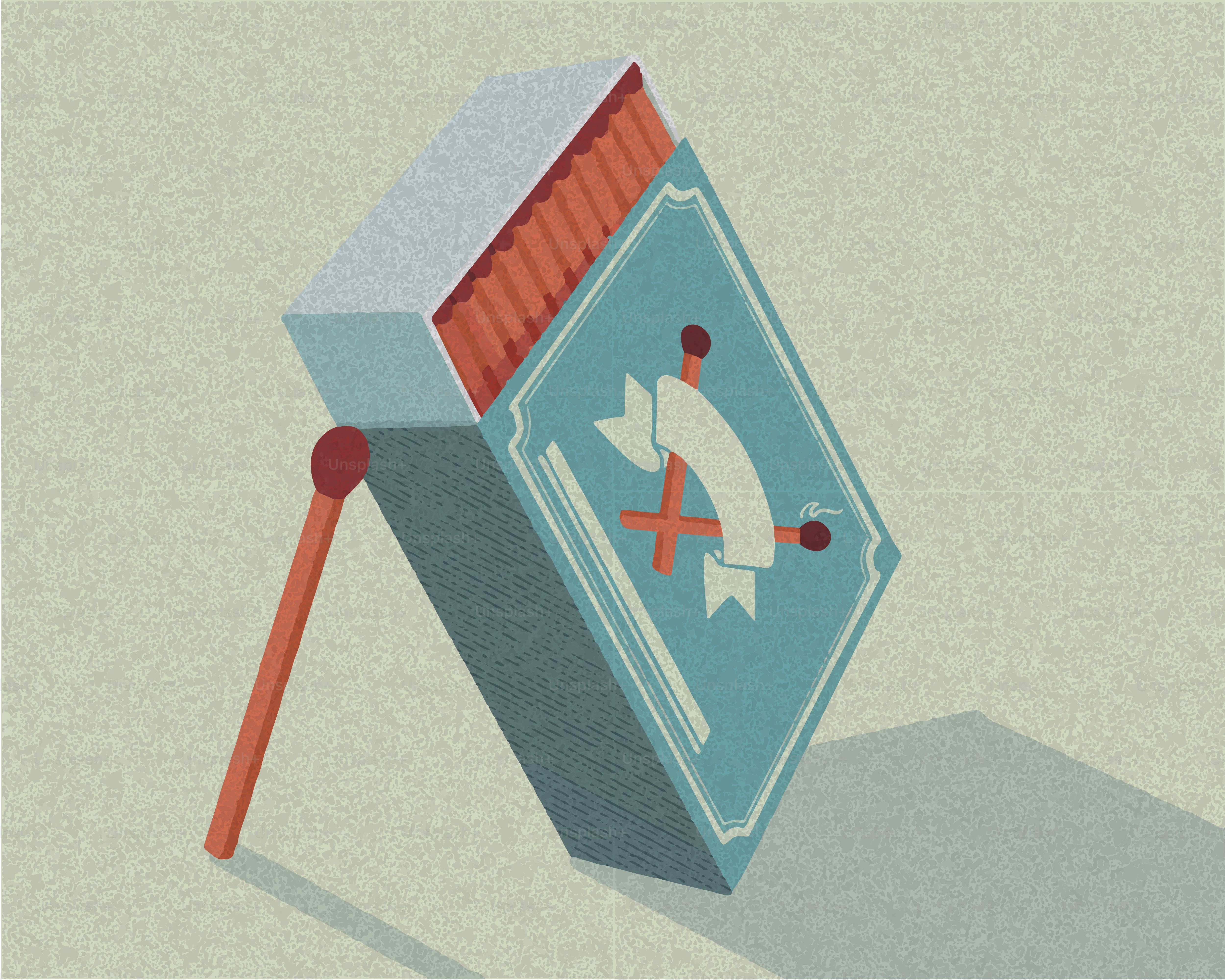 A tilted matchbox with a single matchstick leaning.