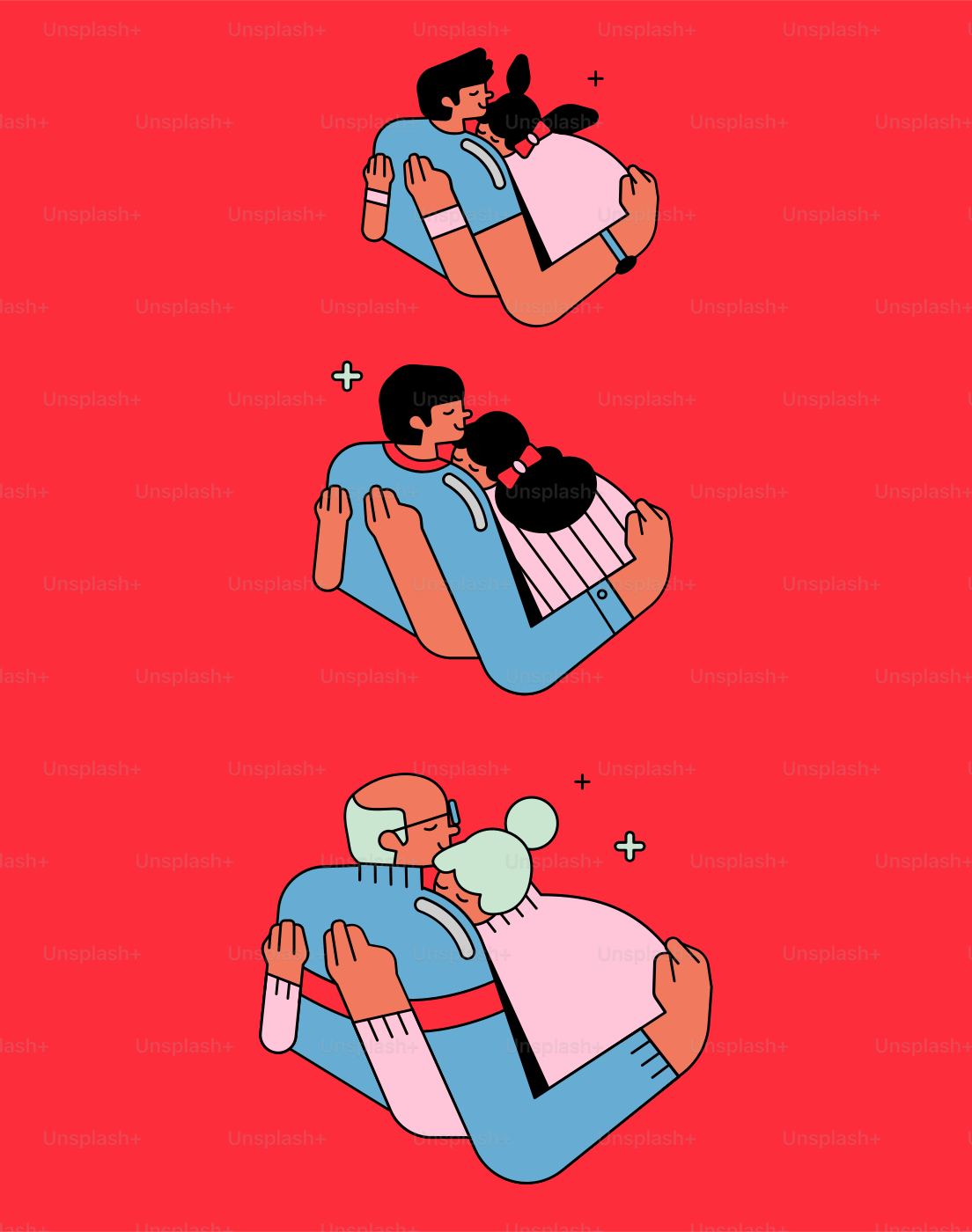 Three couples embracing against red background