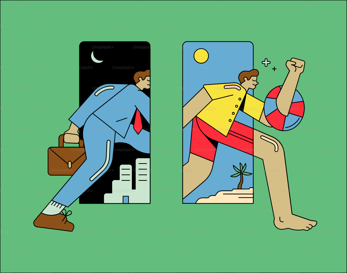 Man transitions from work to vacation