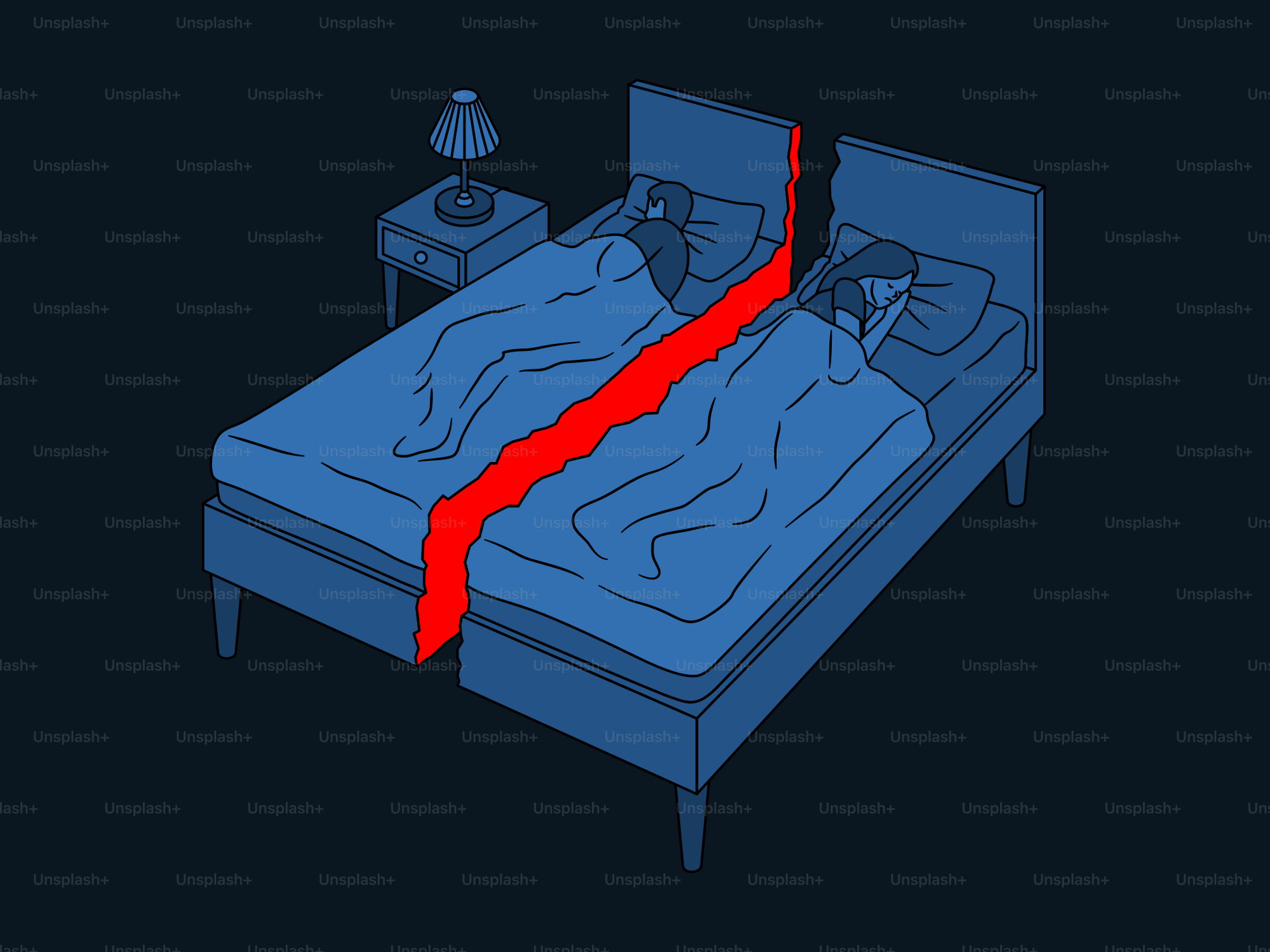 Two people sleeping in separate beds divided by red line.