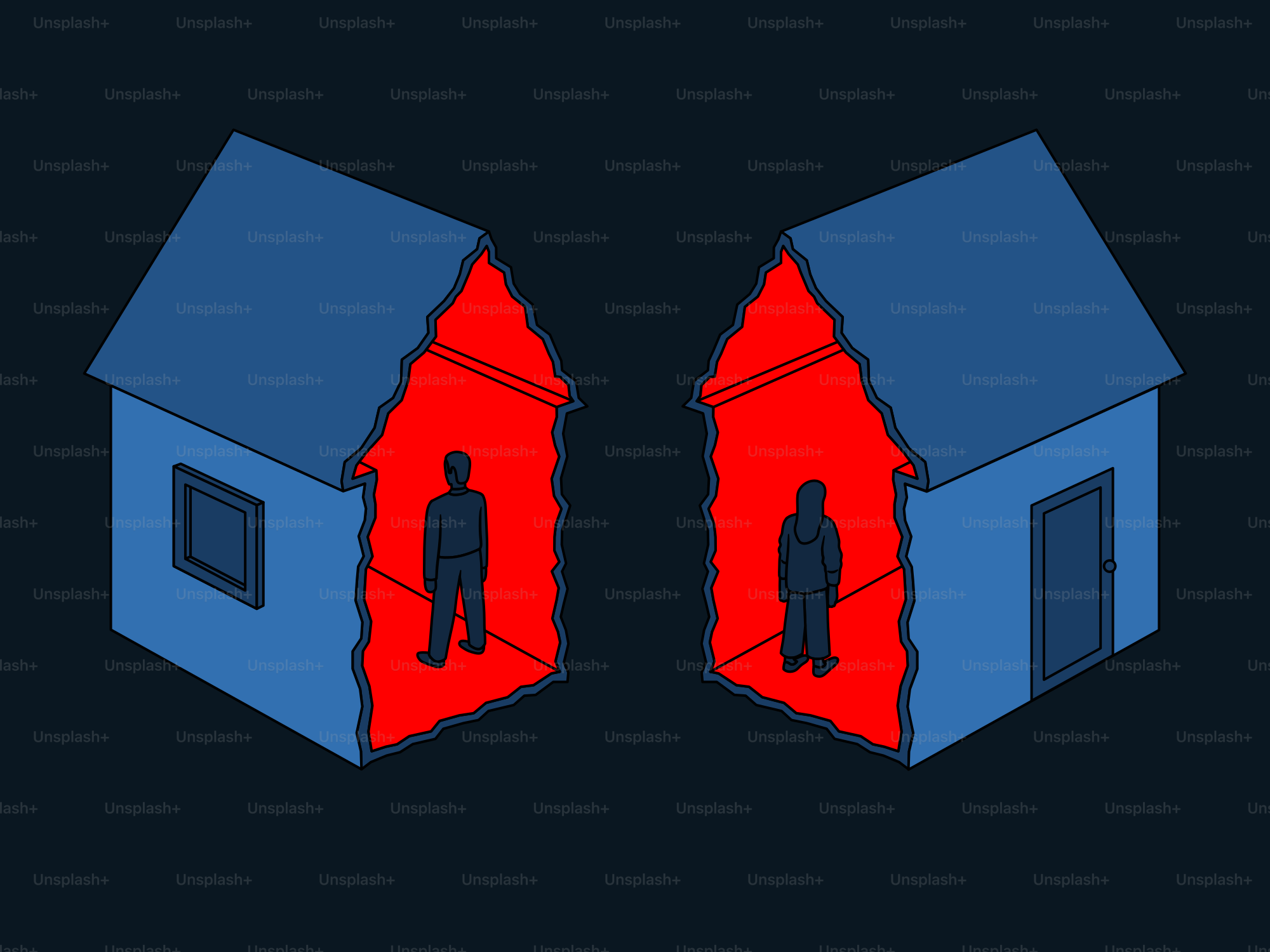 Two halves of a house with people inside