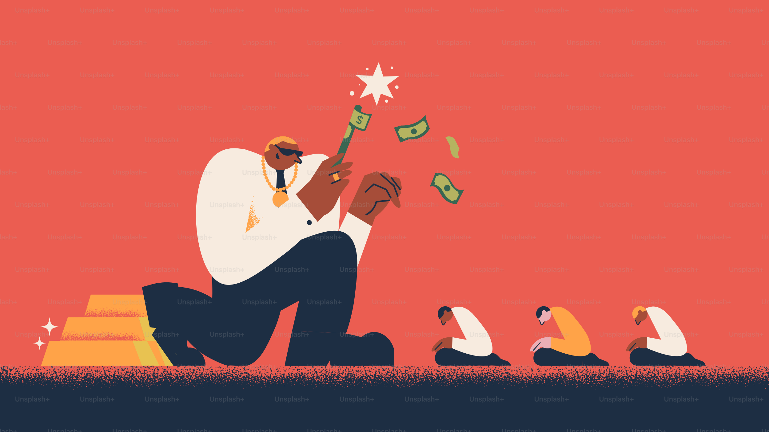 Man conjures money with magic wand over kneeling figures.