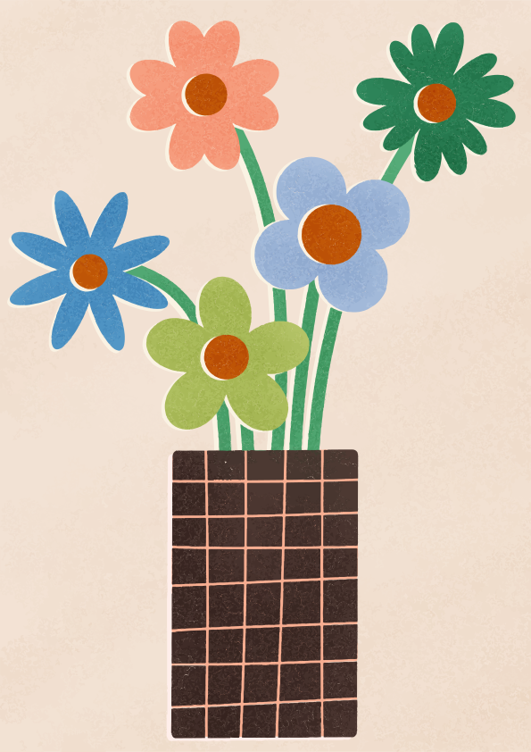 ベージュの背景にチェック柄の花瓶に入ったカラフルな花