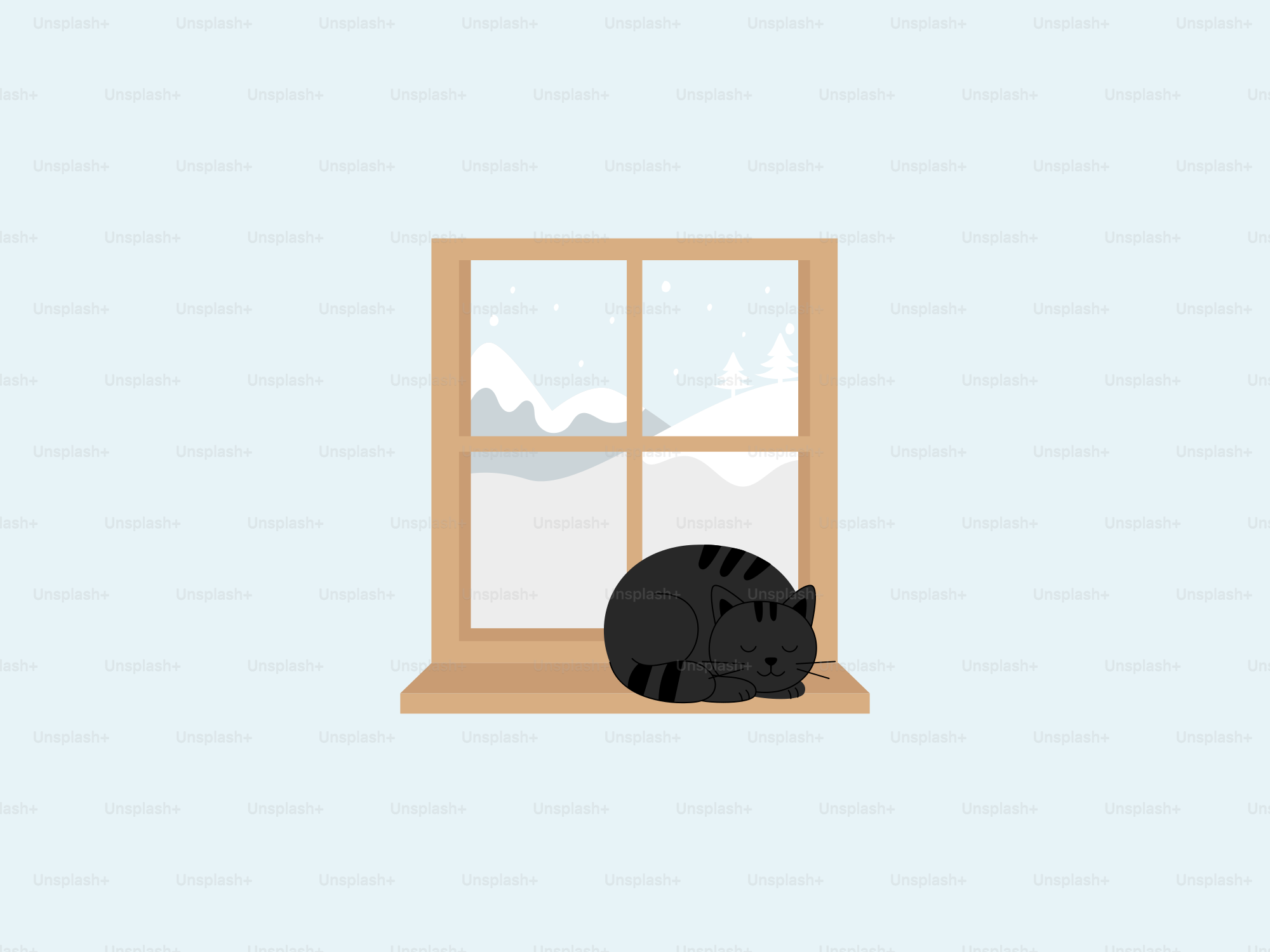 Black cat sleeping on a windowsill with snow outside.