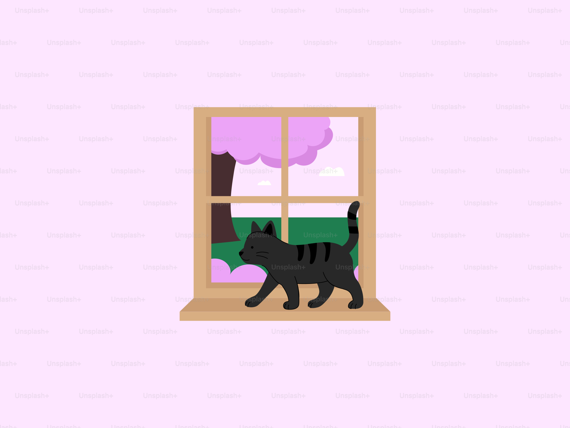 Black cat walks by a window with trees.