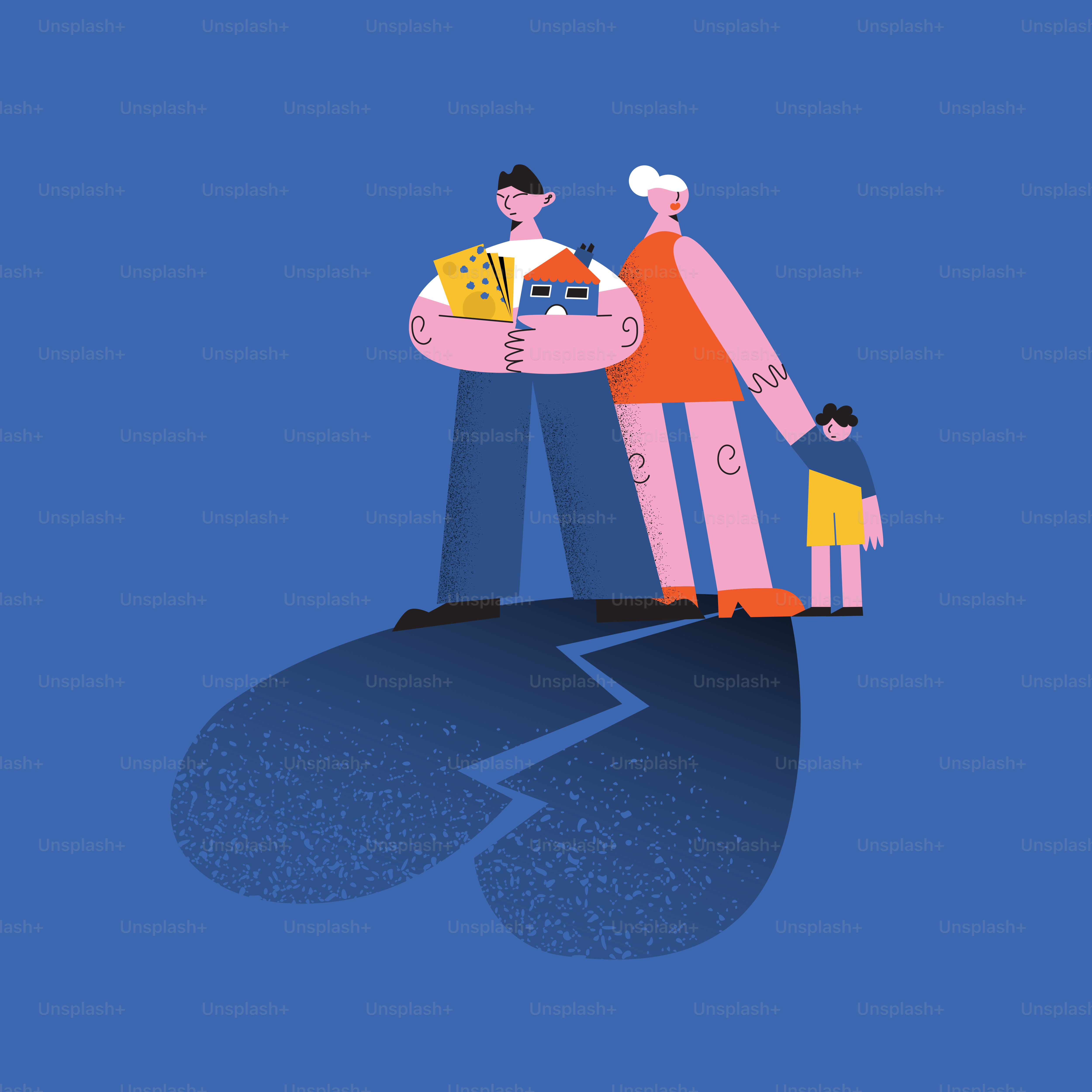 Famiglia in piedi su un simbolo di cuore spezzato