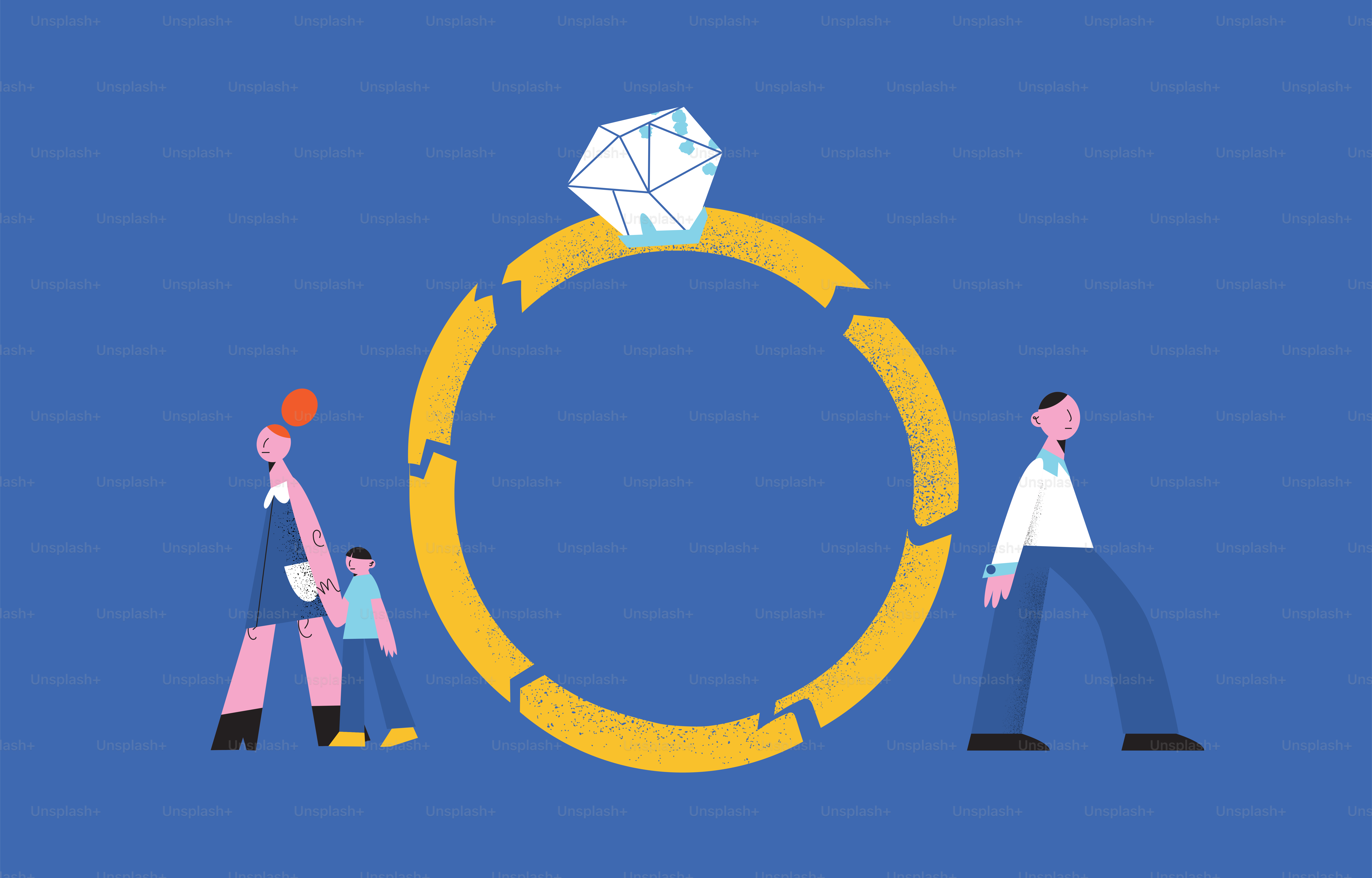 Broken wedding ring with figures on blue background