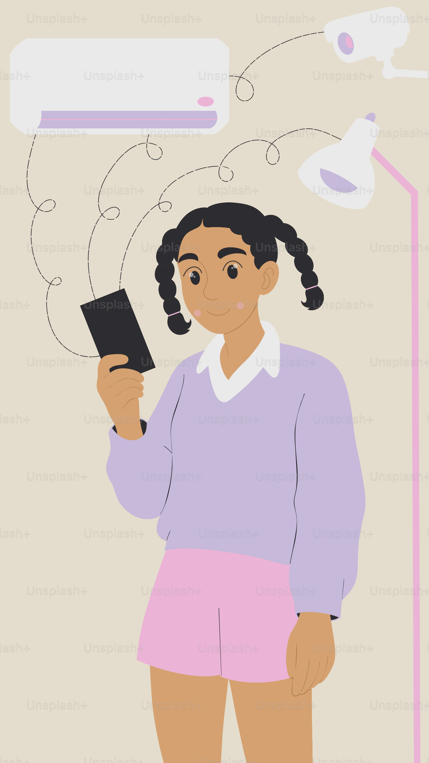 Girl controls smart home devices with her phone.