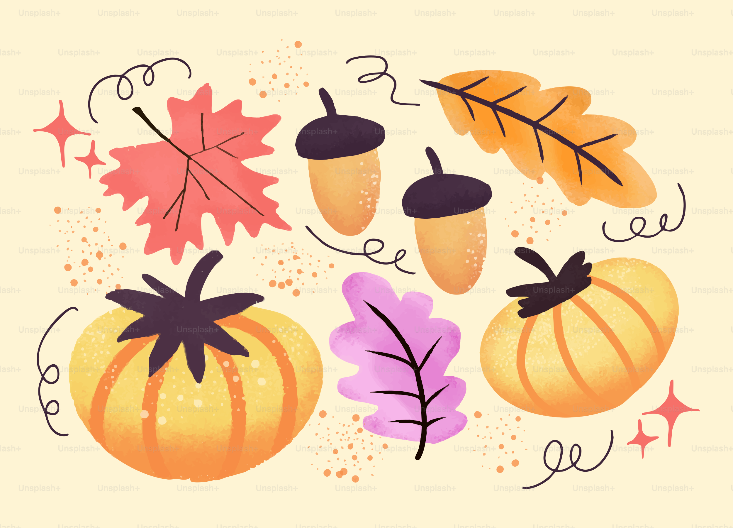 Autumn leaves, acorns, and pumpkins arranged on a cream background.