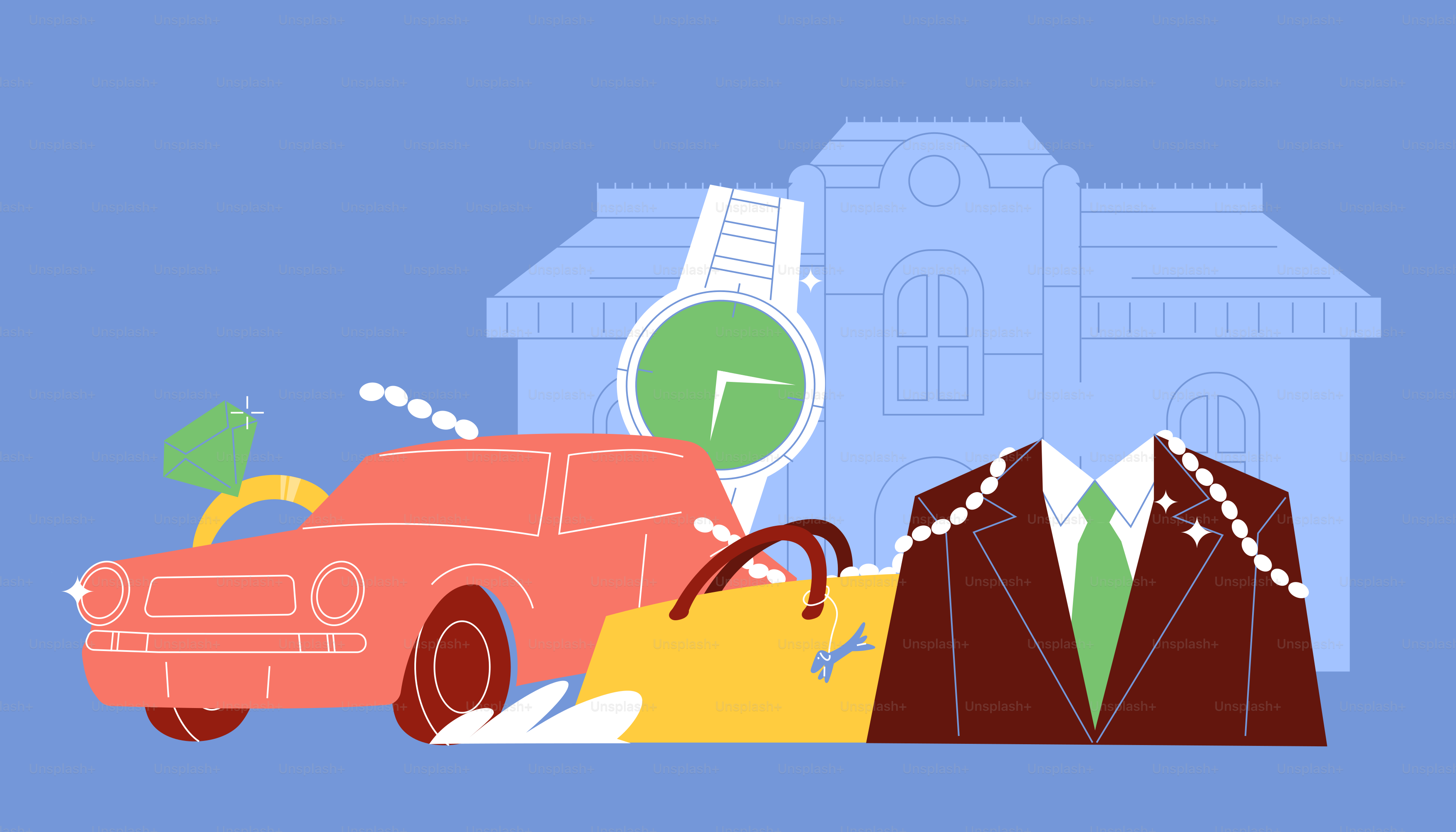 Itens de luxo incluindo carro, joias, relógios e ternos