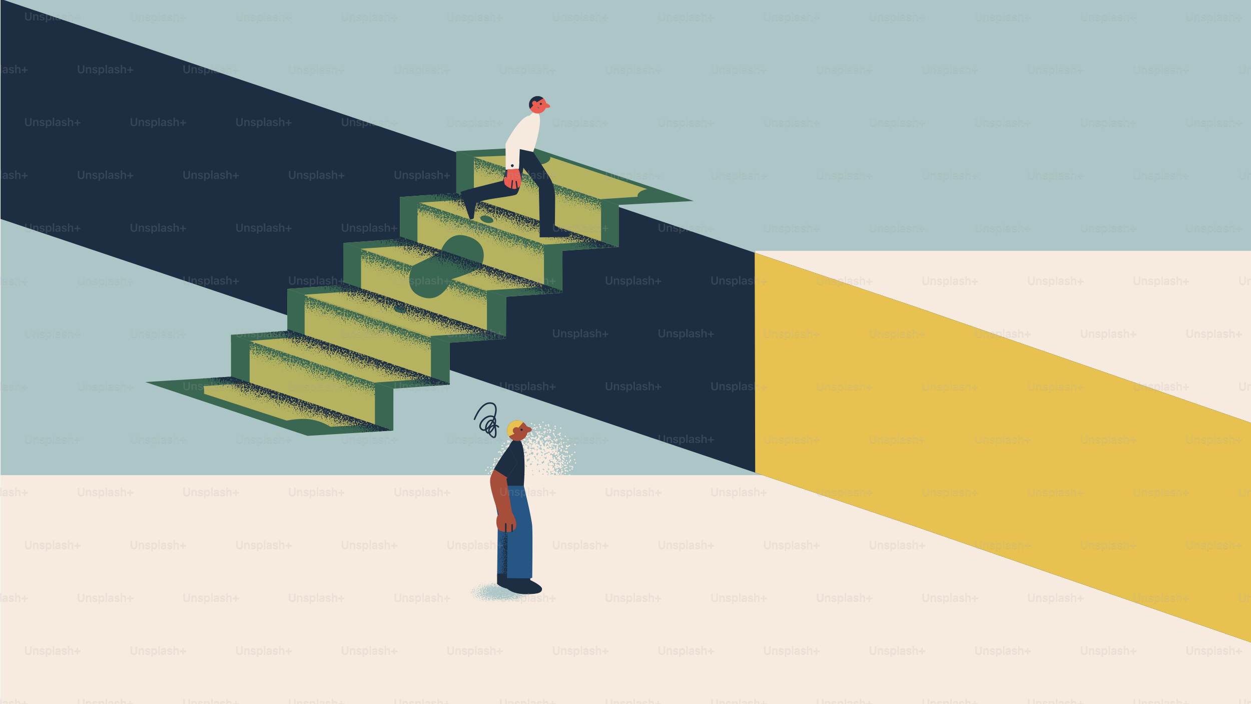 Two men on stairs with contrasting backgrounds