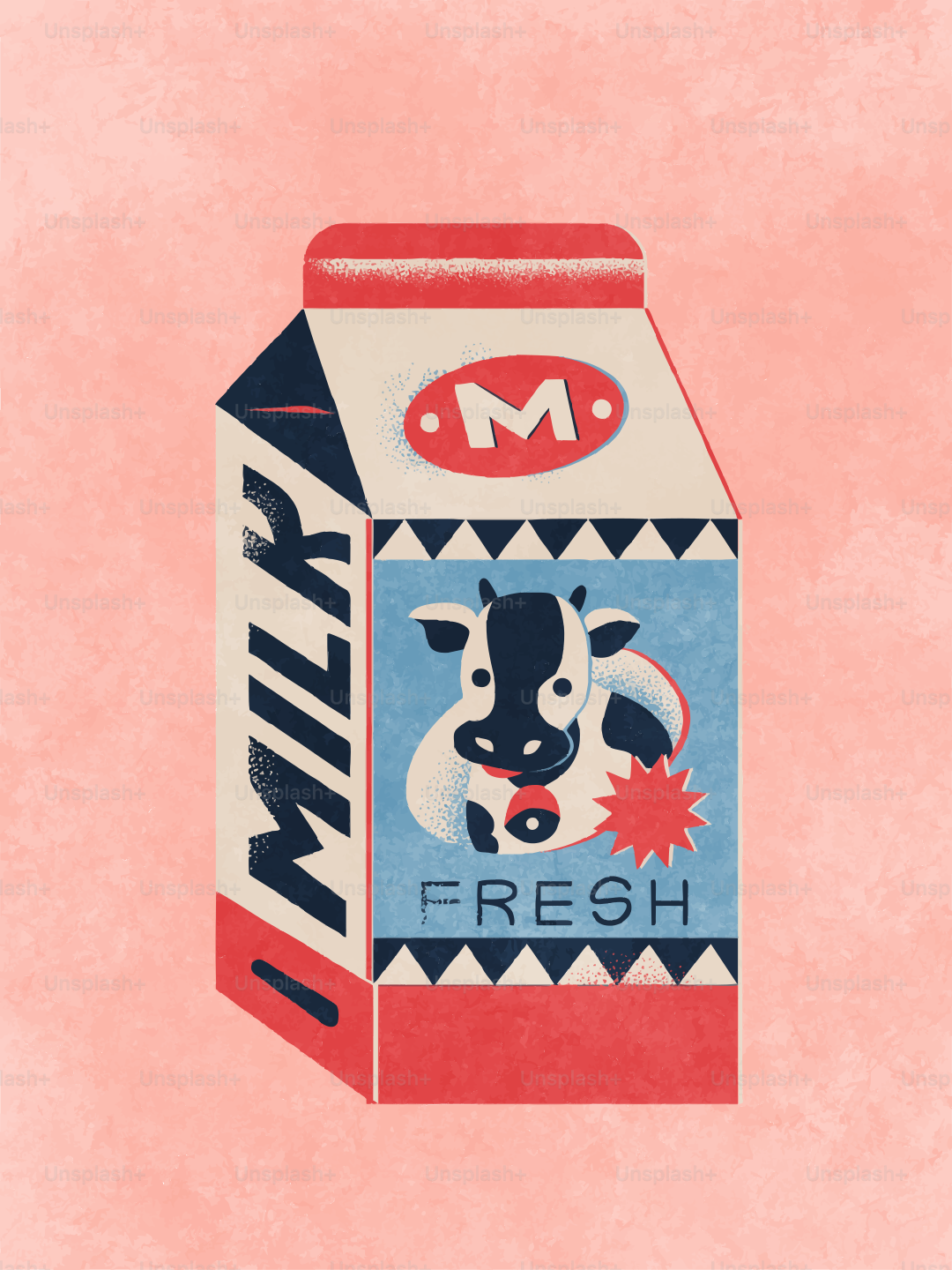 Uma caixa de leite retrô com uma ilustração de vaca.