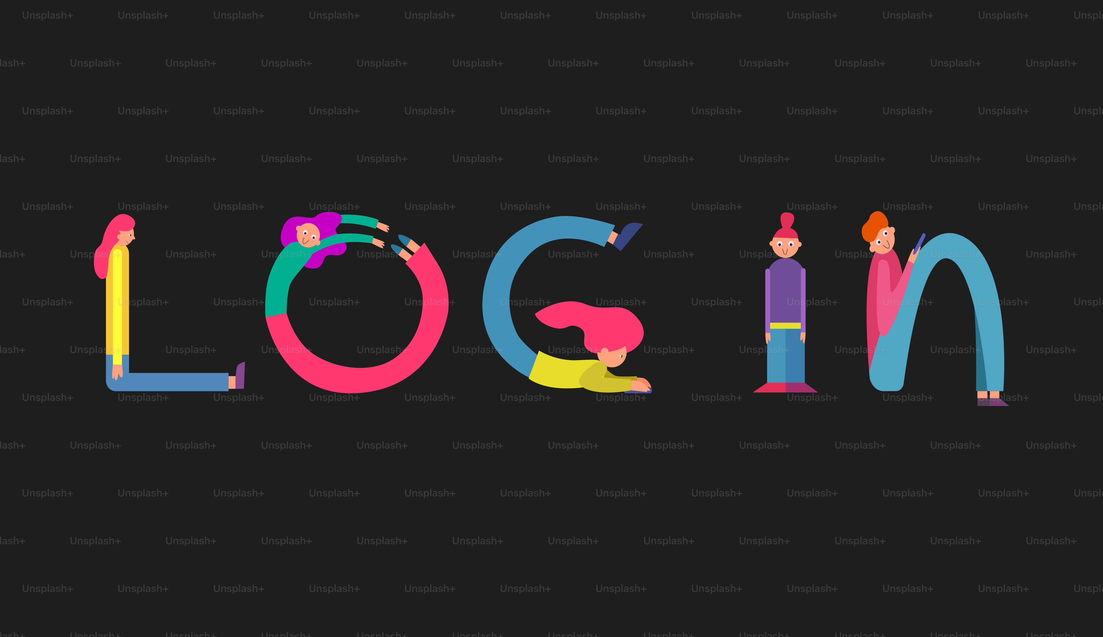 Figuras coloridas forman la palabra login sobre fondo negro.