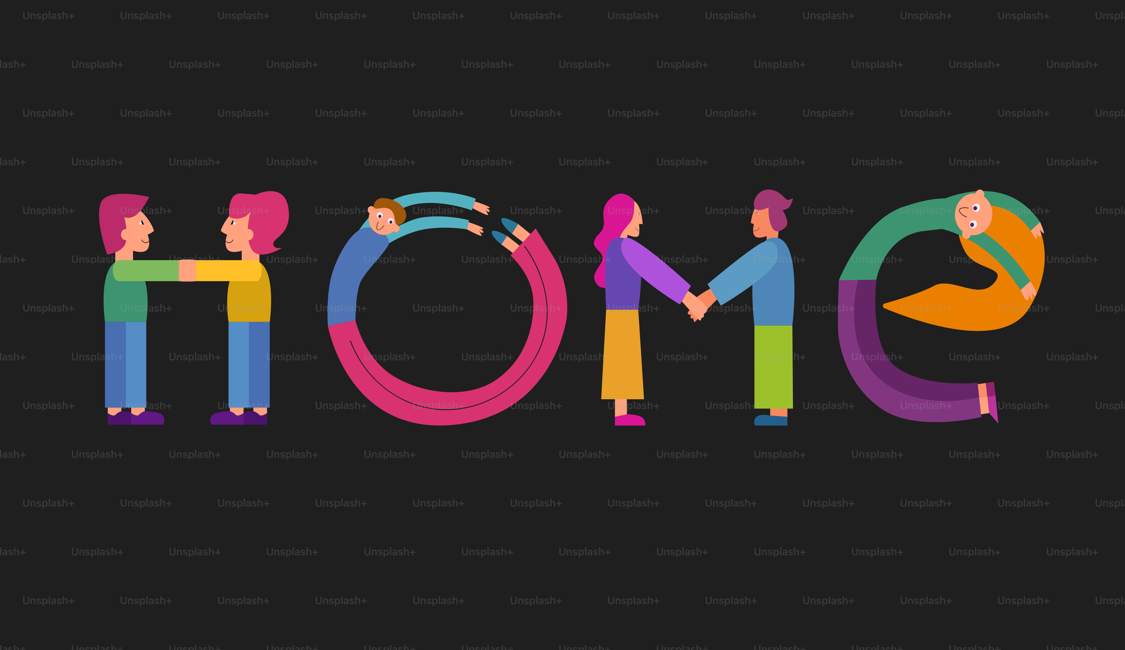 People forming the word home on black background