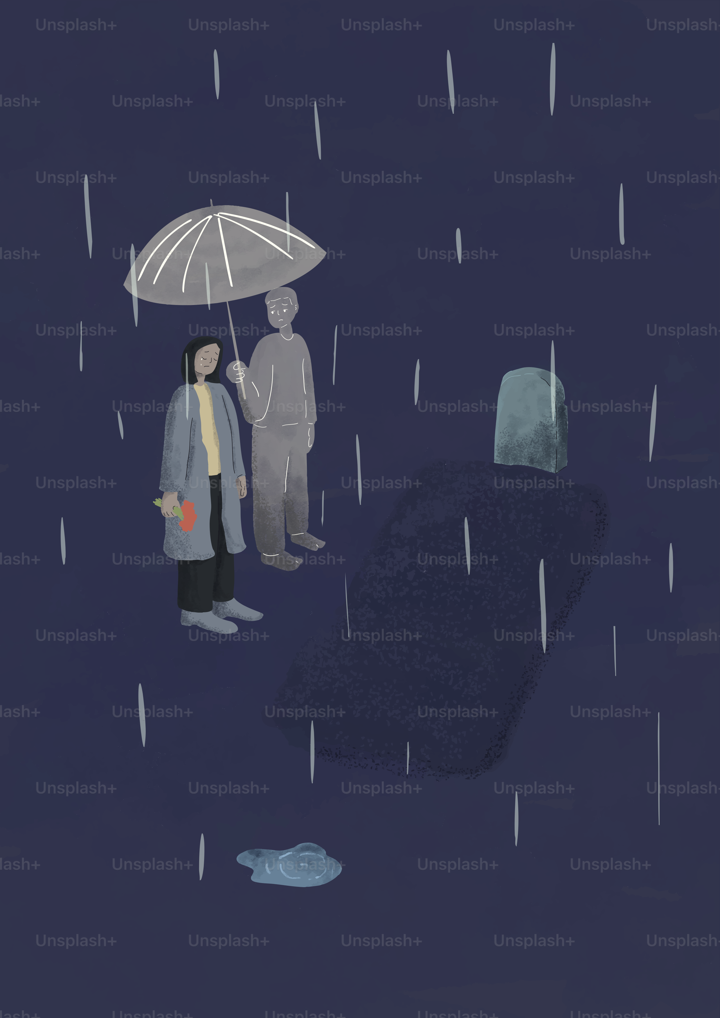雨の中、傘の下に立っている二人。