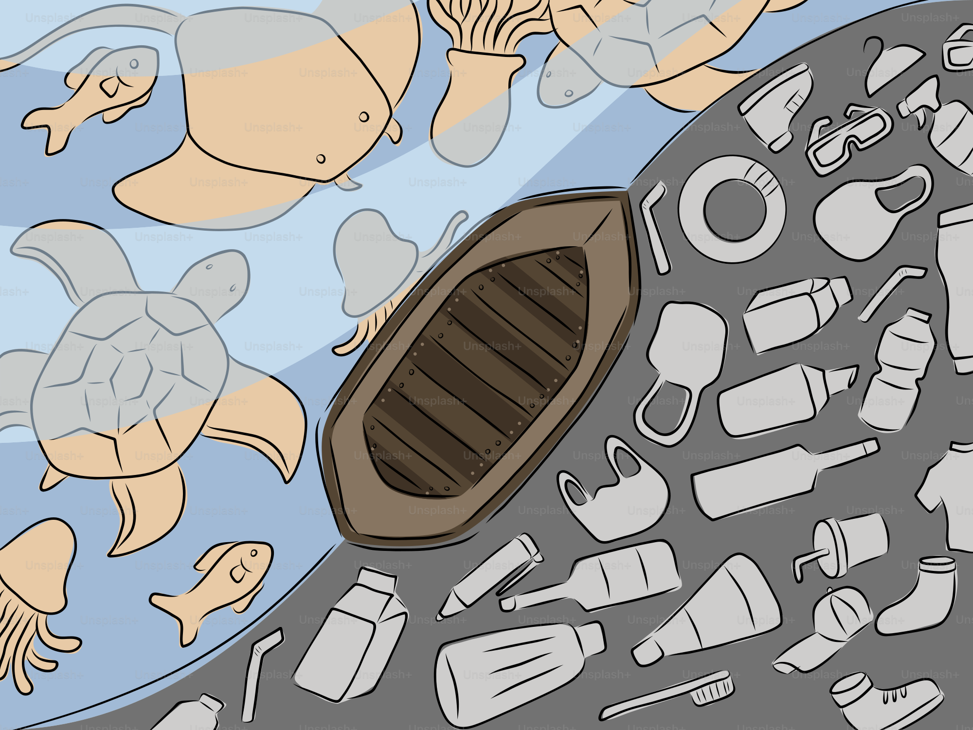 Boat sailing over ocean pollution and marine life