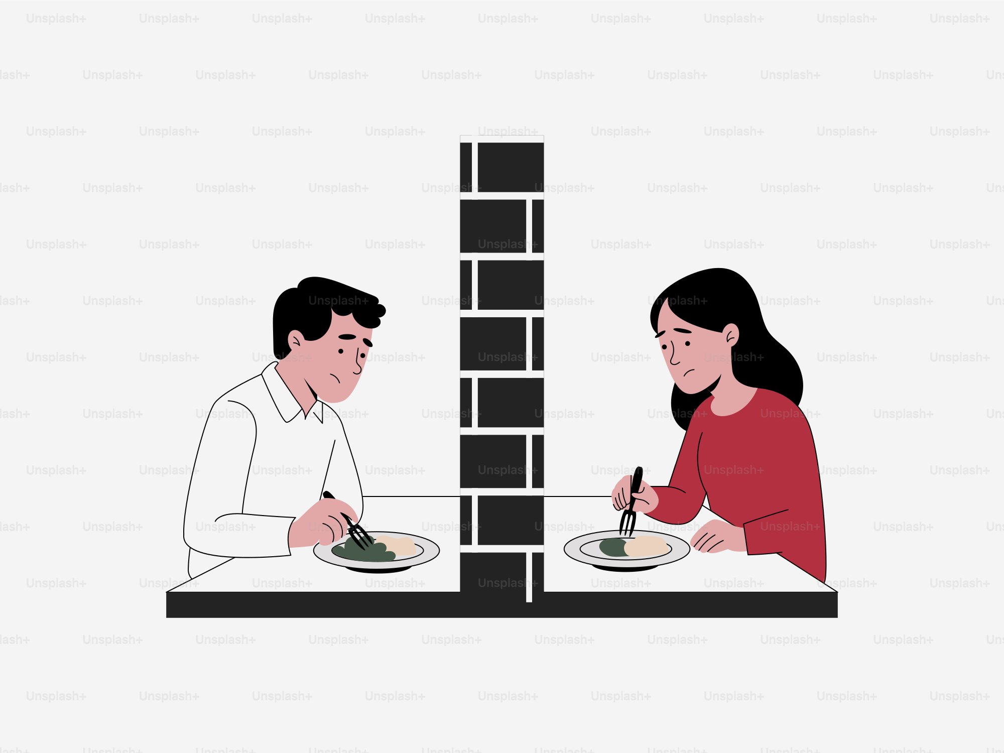 Man and woman eating on opposite sides of wall.