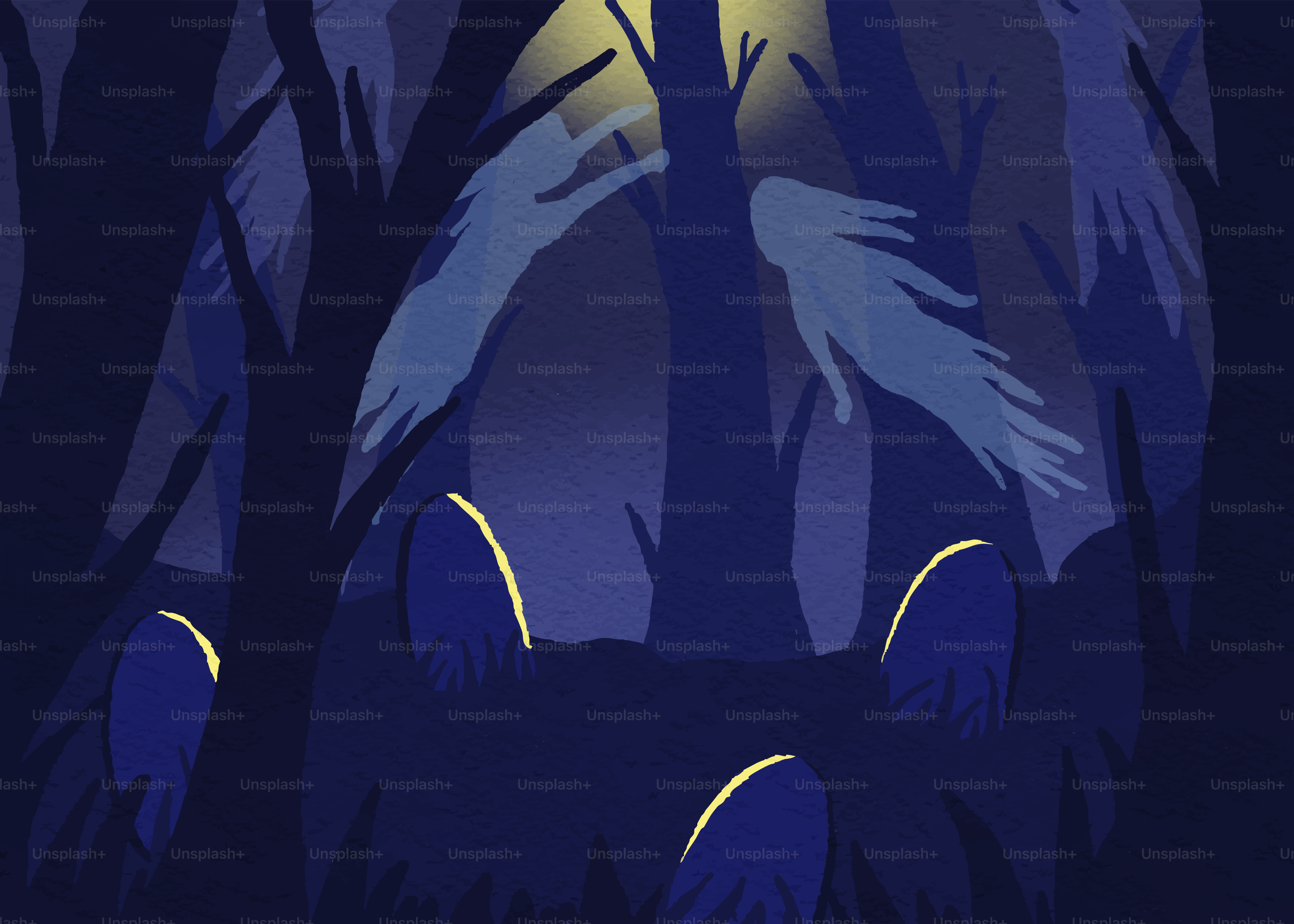 Mani inquietanti emergono dagli alberi della foresta scura