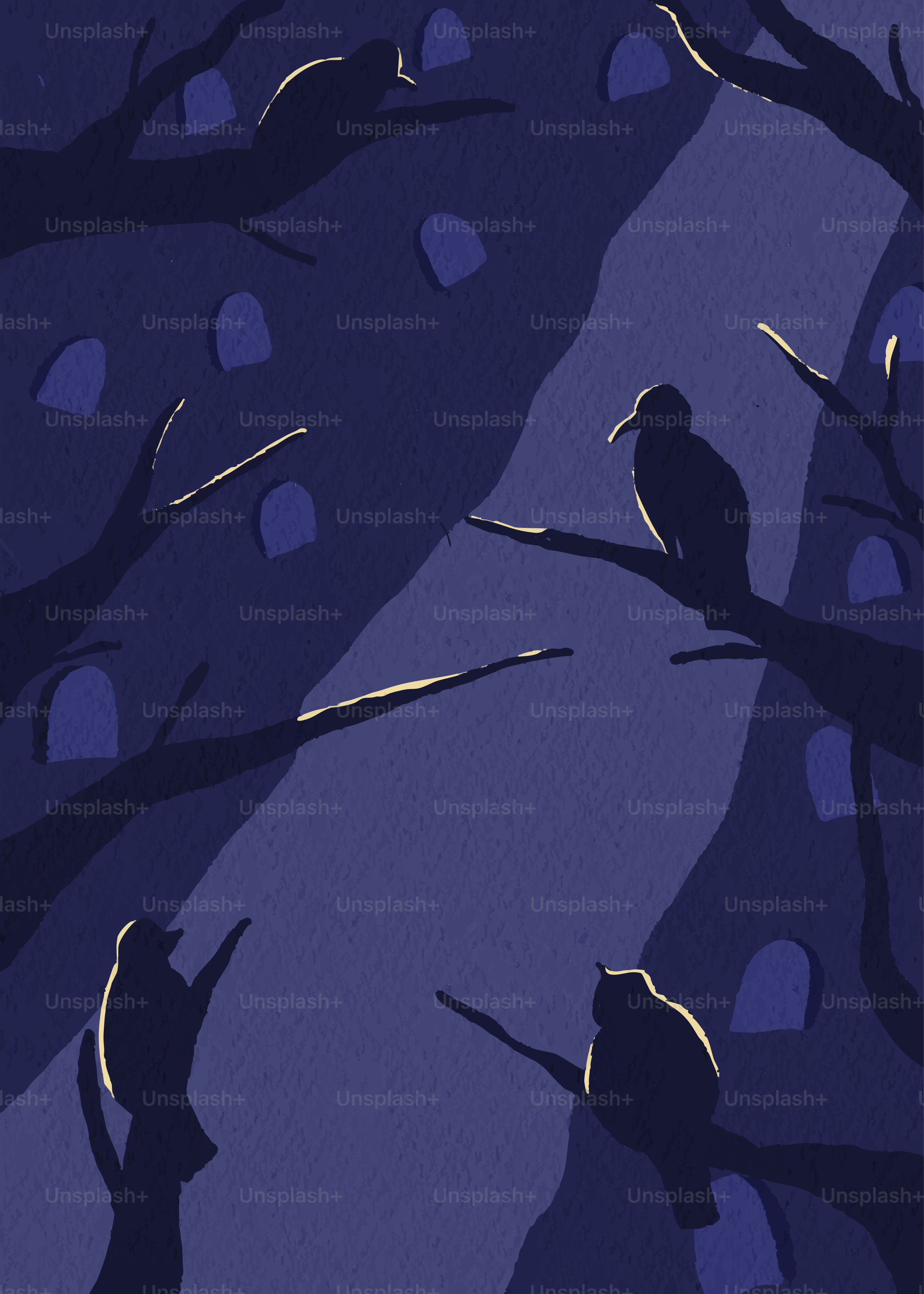 Pássaros pousados em galhos contra um fundo escuro e melancólico.