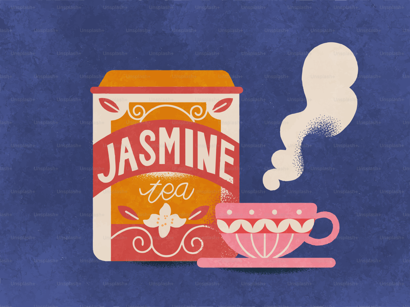 Té de jazmín en una taza con una lata de té.