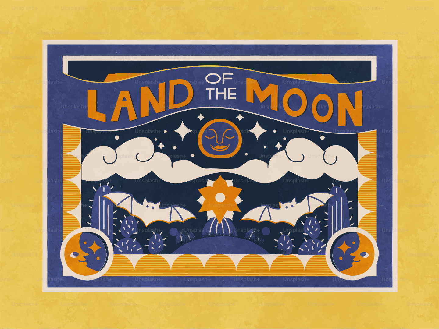 Graphique rétro de type « terre de la lune » avec des chauves-souris.