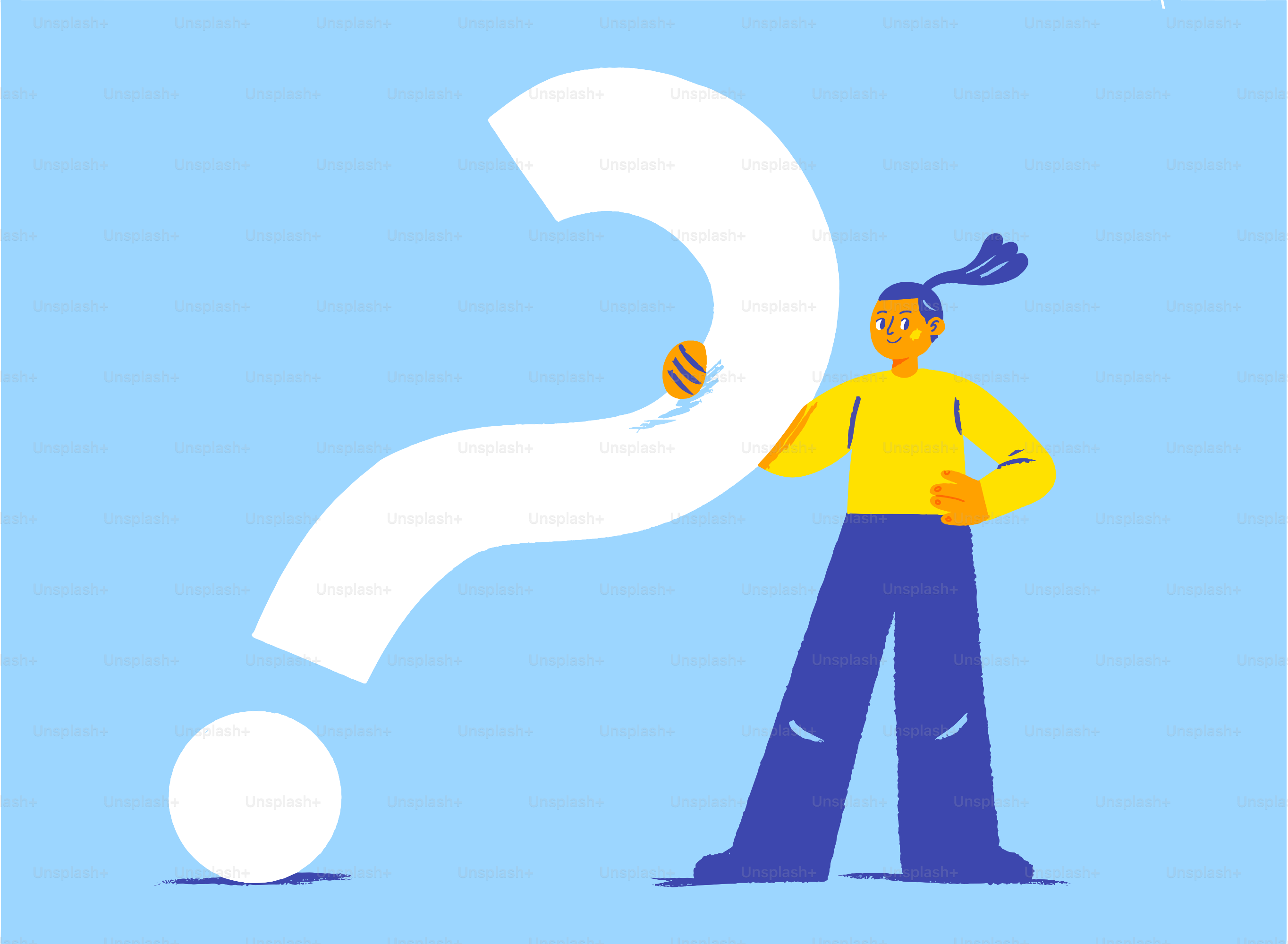 Person holding a large white question mark on blue background