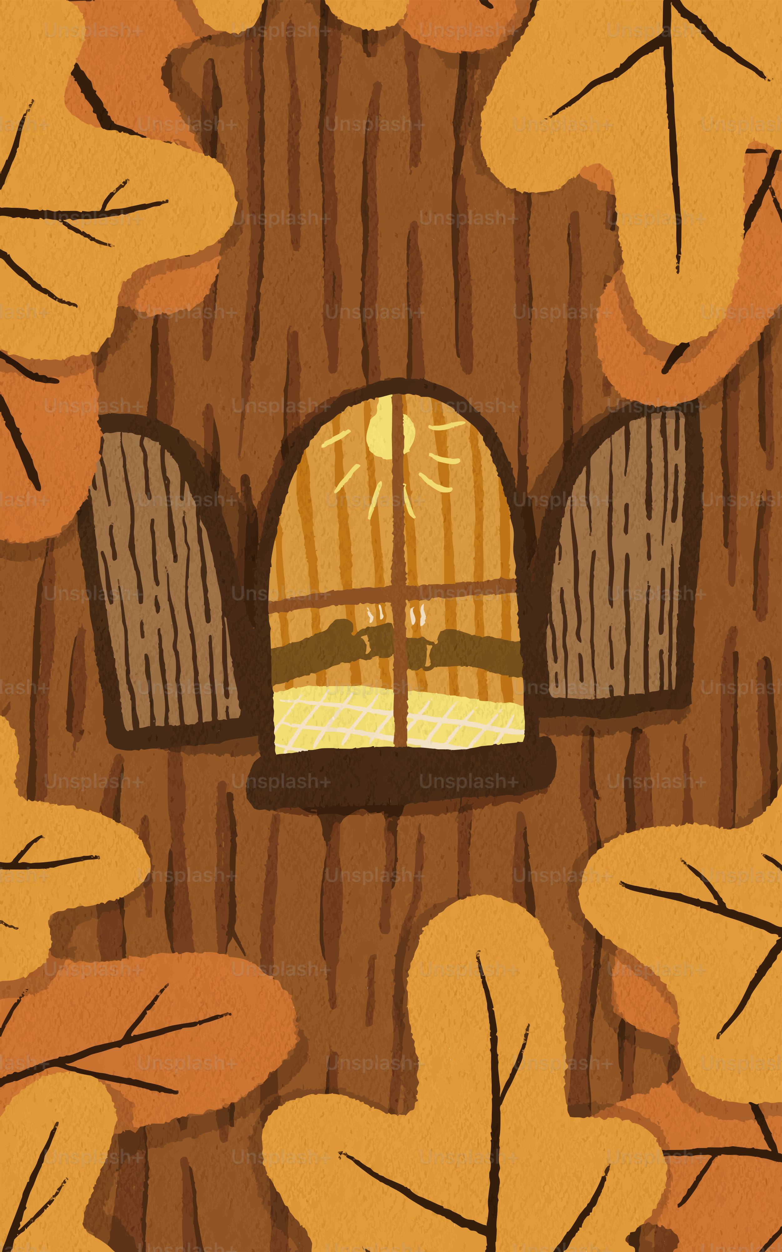 Cozy treehouse window with autumn leaves and warm light