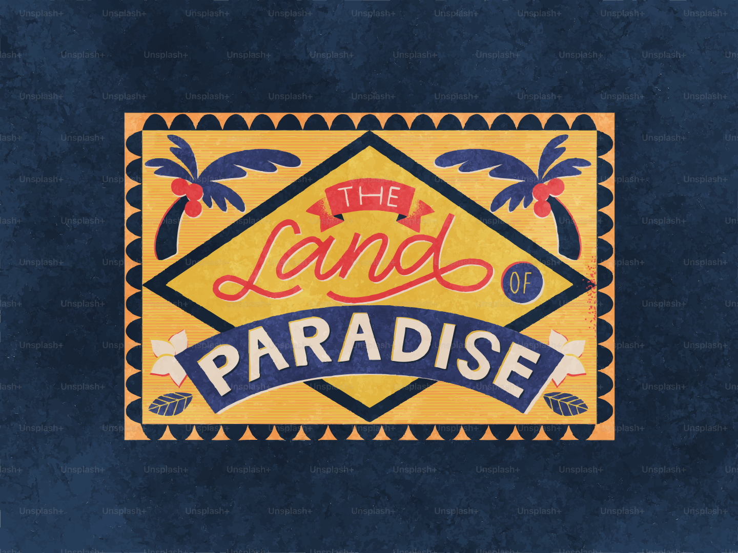 The land of paradise sign with palm trees.