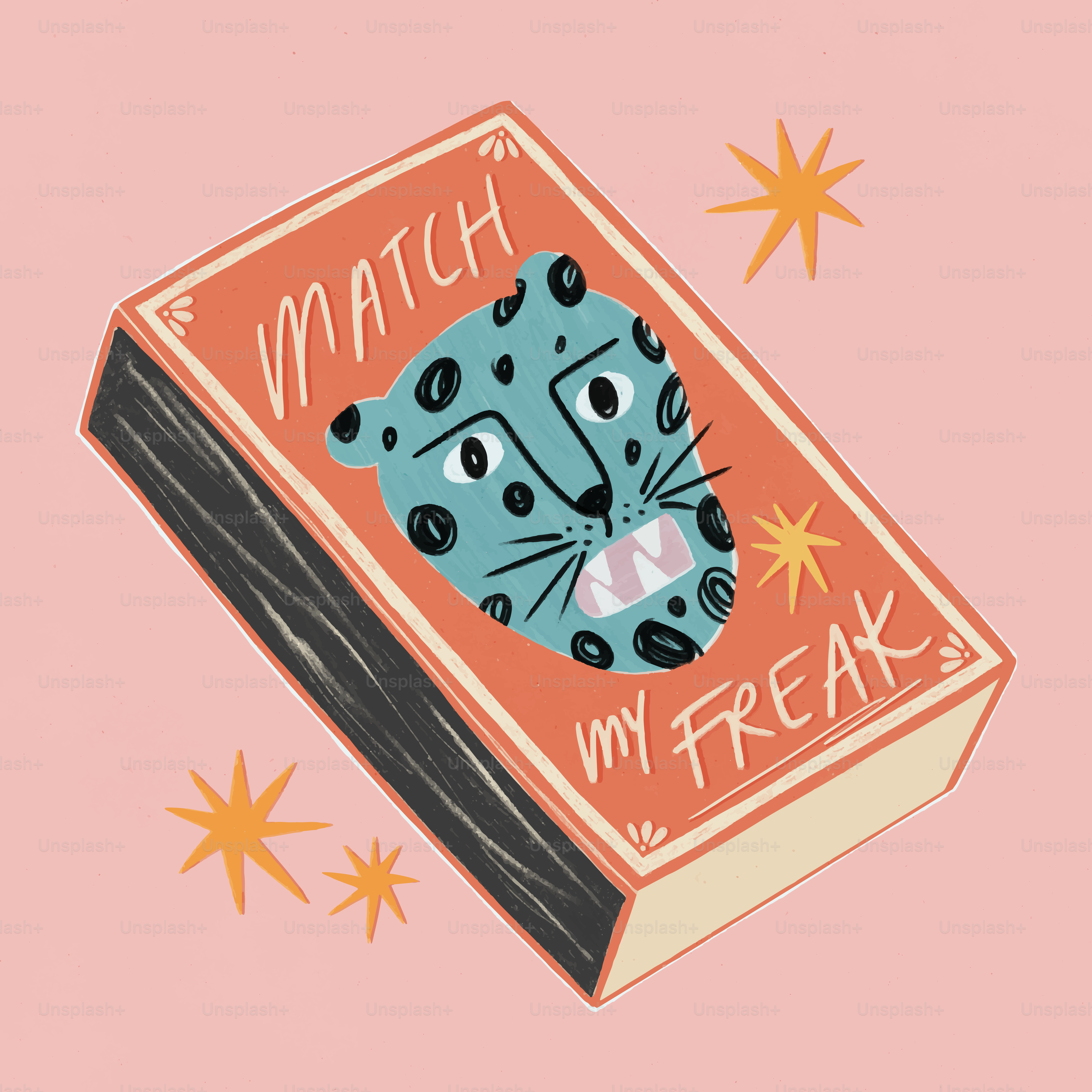 Matchbox with blue leopard face and text.
