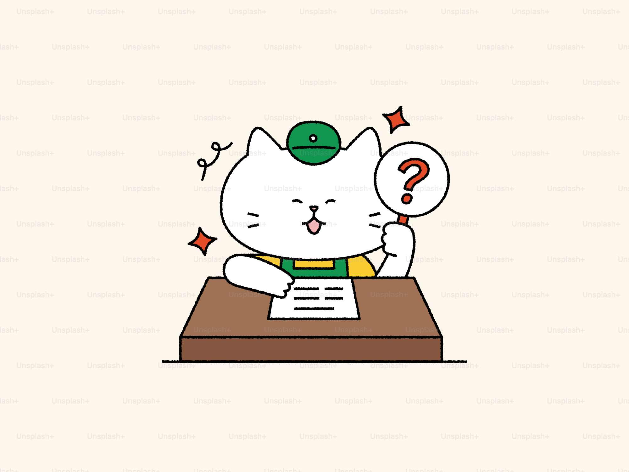 A cartoon cat holds a question mark sign.