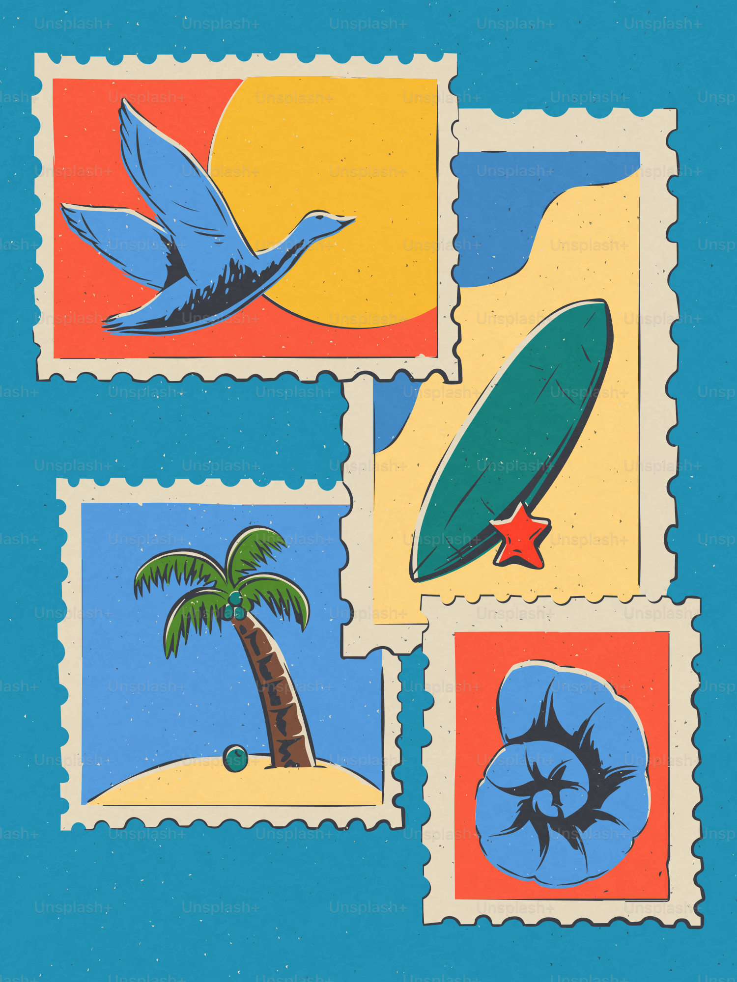 Quatre timbres-poste sur le thème des vacances d’été.