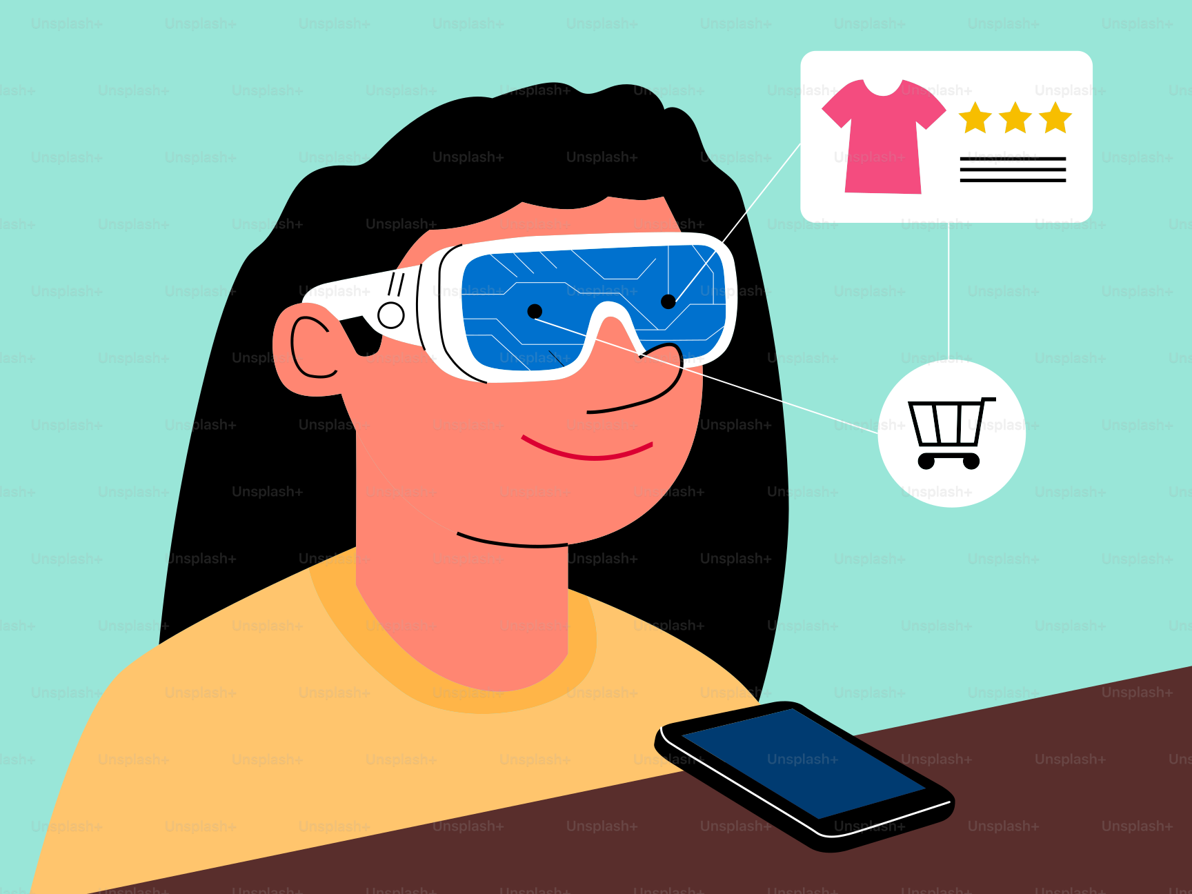 Frau mit VR-Brille kauft online mit Handy.