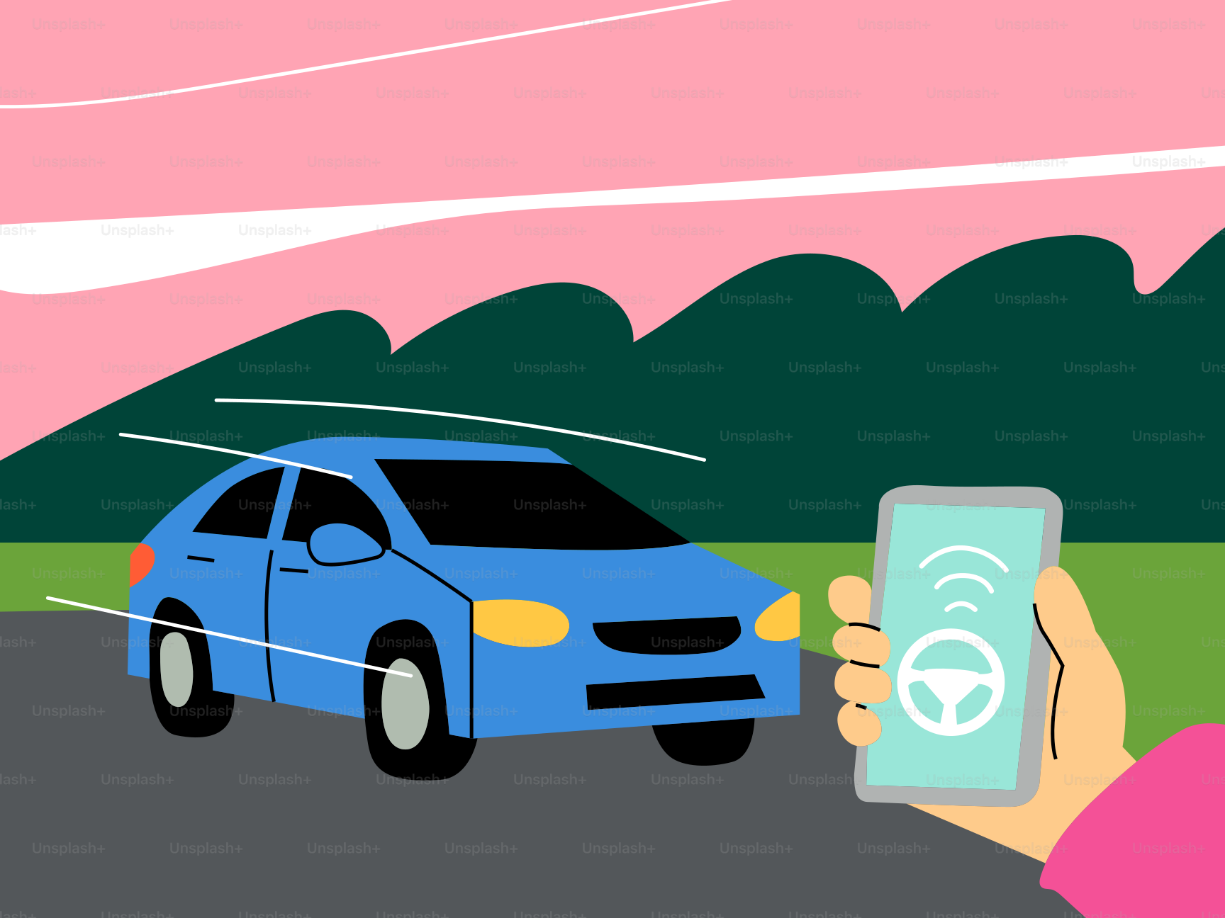 Person controlling car with smartphone interface.