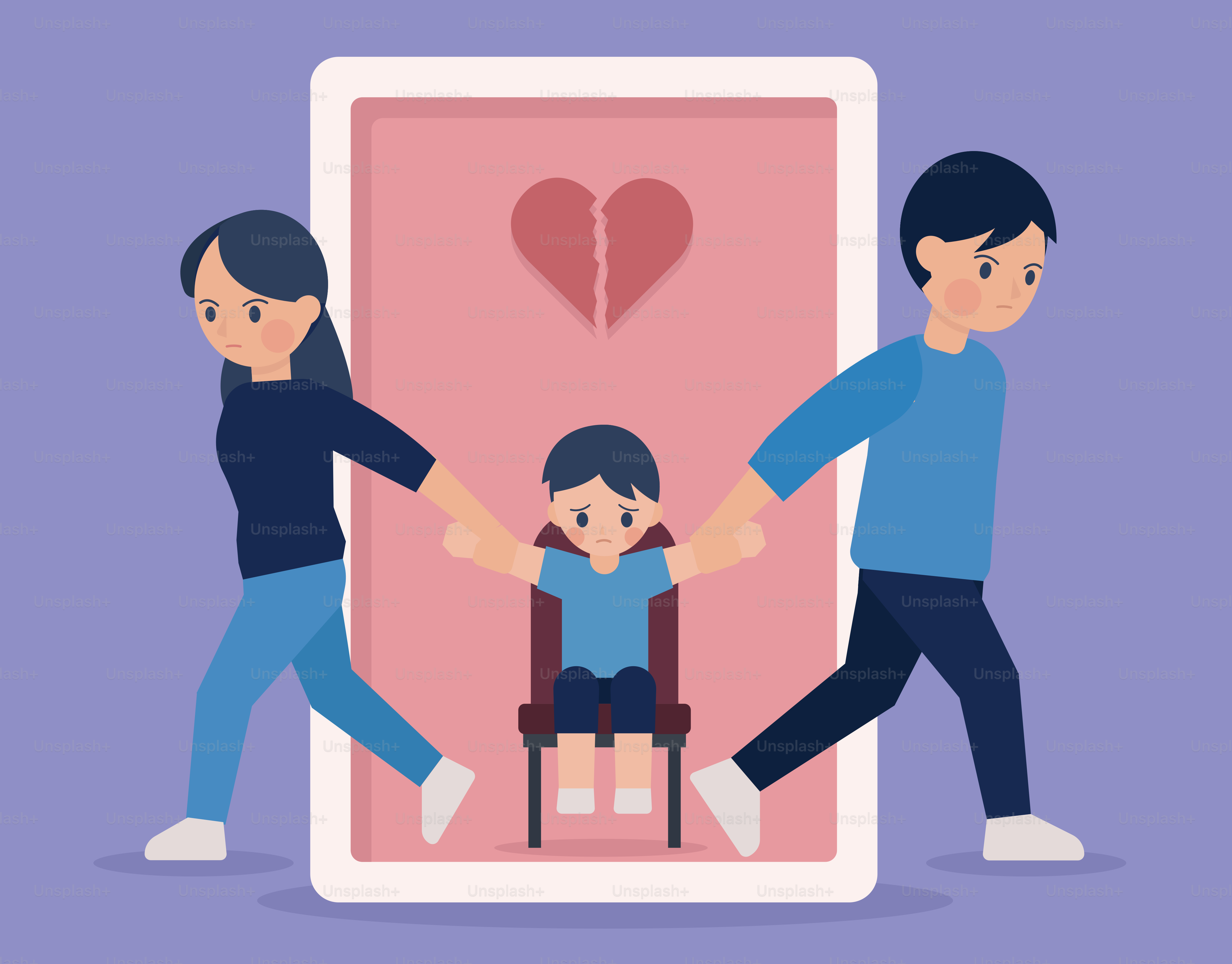 Pais separando uma criança com o coração partido.