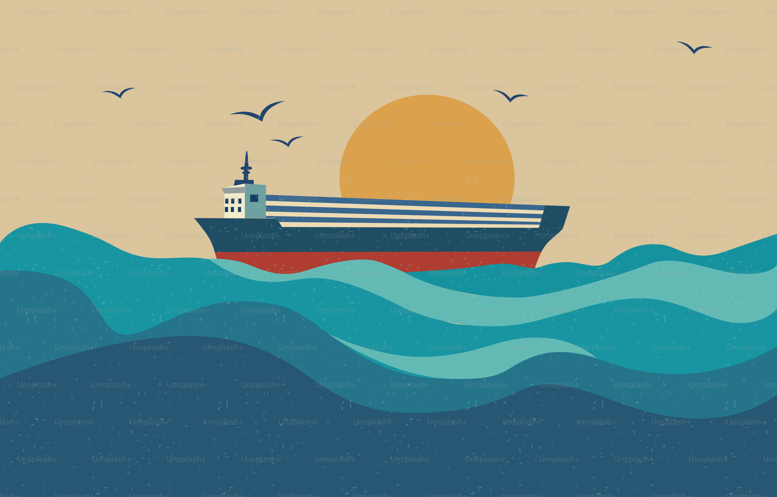 Cargo ship sailing on wavy ocean at sunset